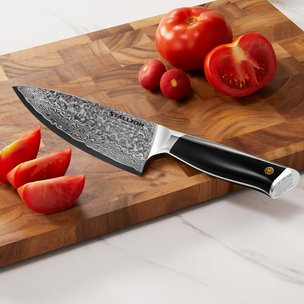 Stallion Chef's Knife with tomatoes on wooden board