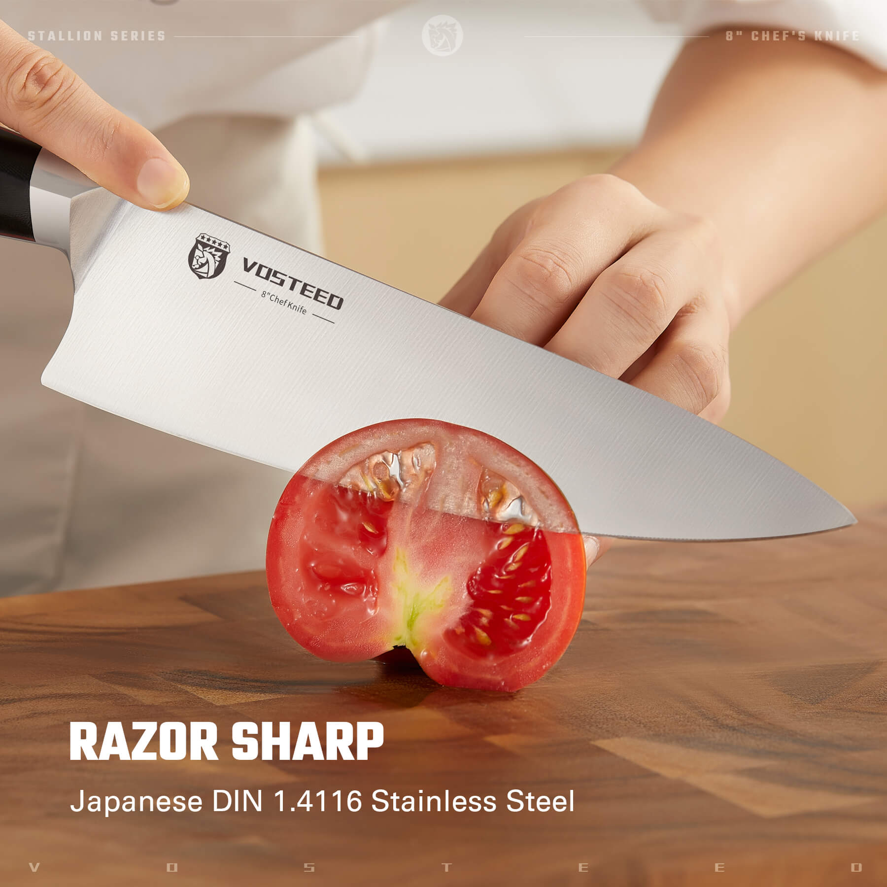 Vosteed Stallion Chef Knife slicing tomato