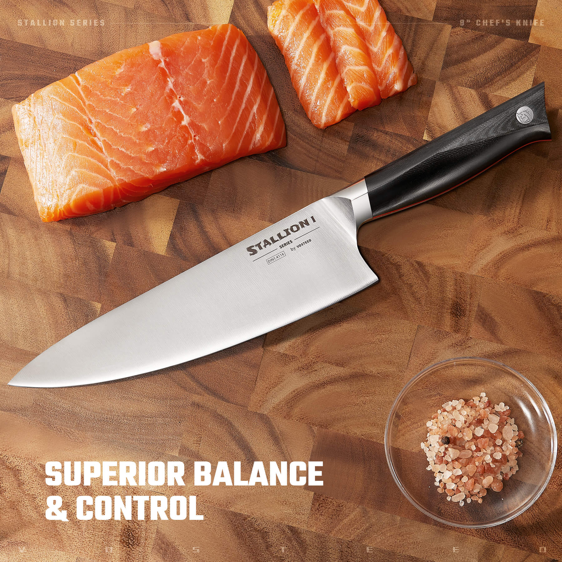 Vosteed Stallion I Chef's Knife with salmon and salt