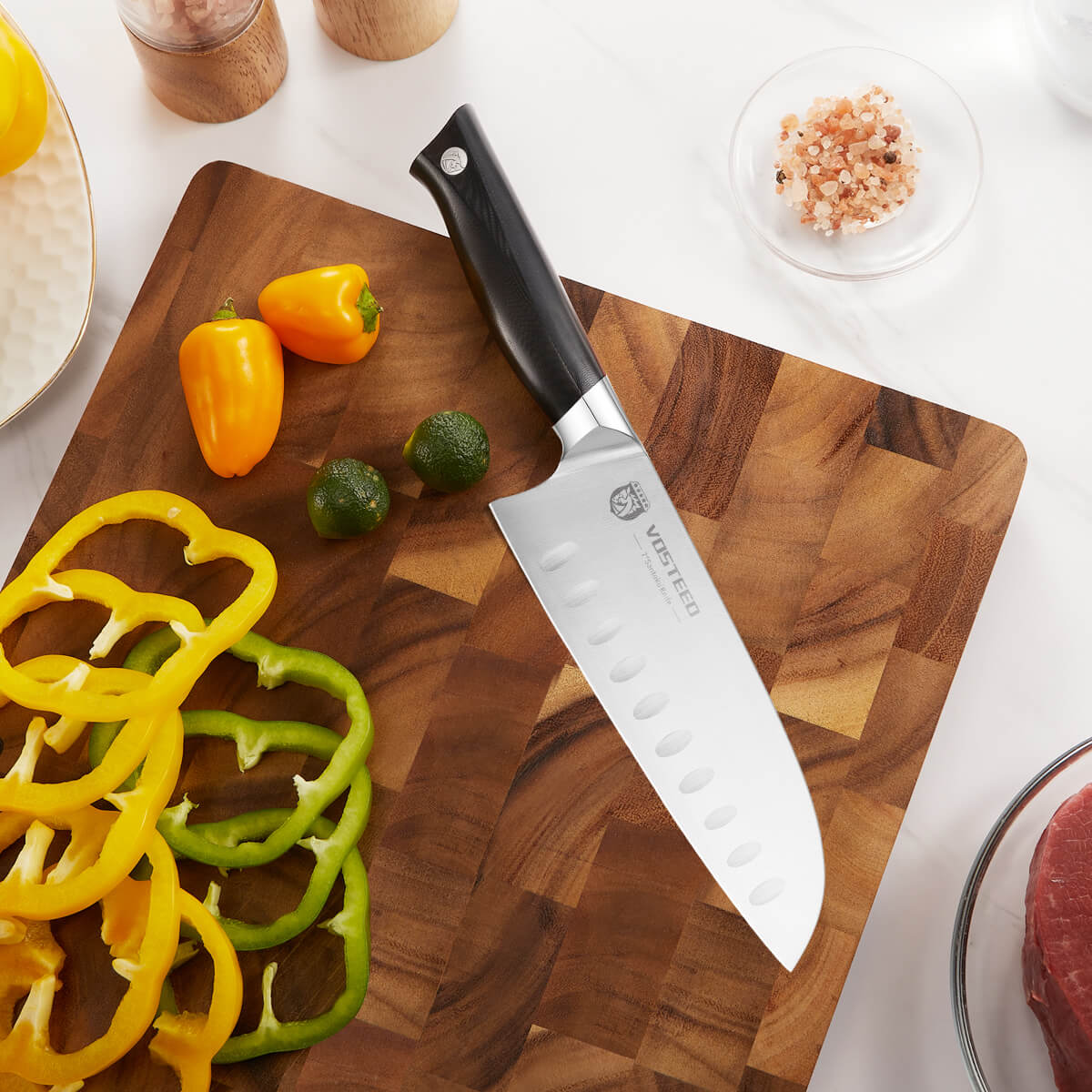 Vosteed Stallion Santoku knife and fresh vegetables
