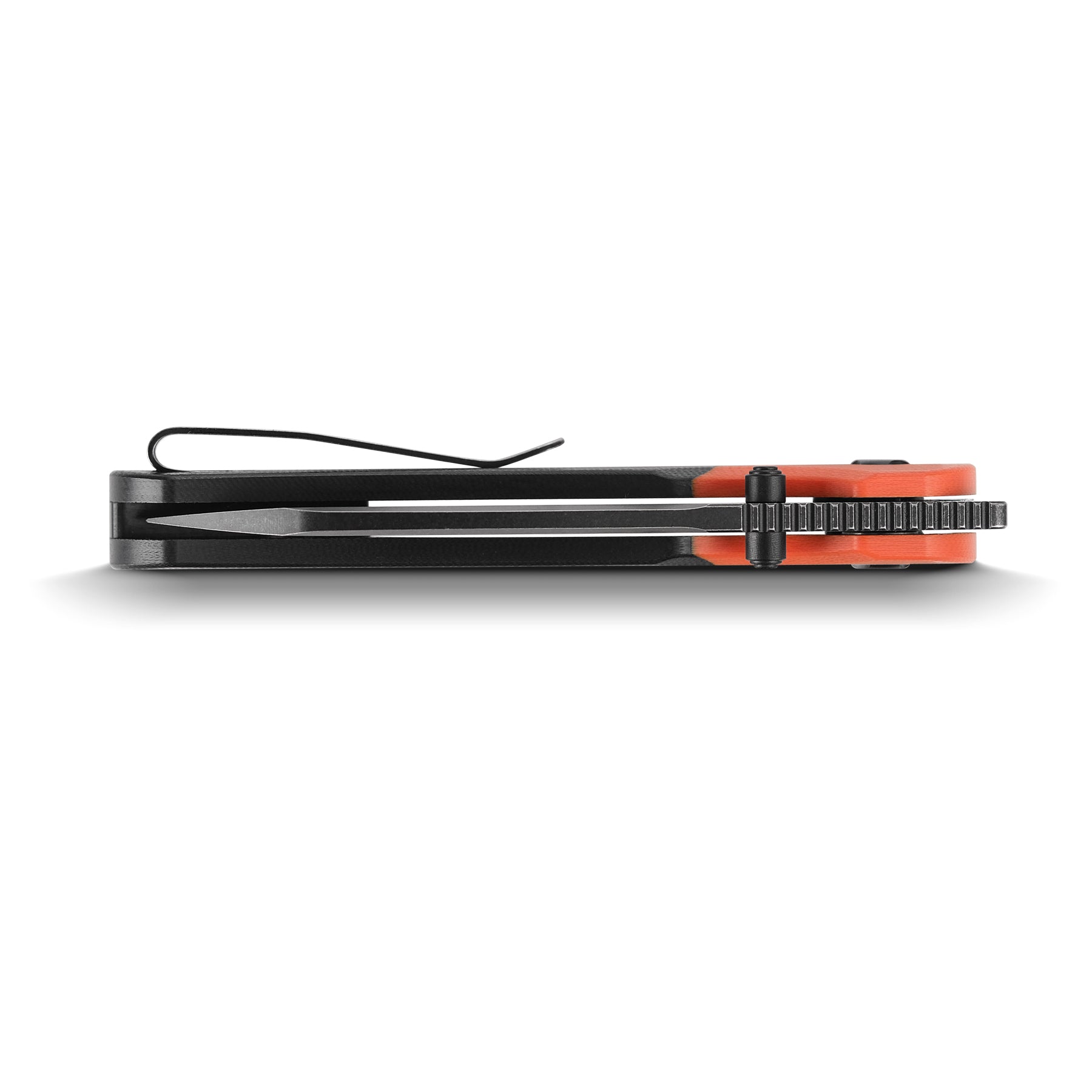 Vosteed Thornton knife side view: black blade, orange G10 handle, pocket clip