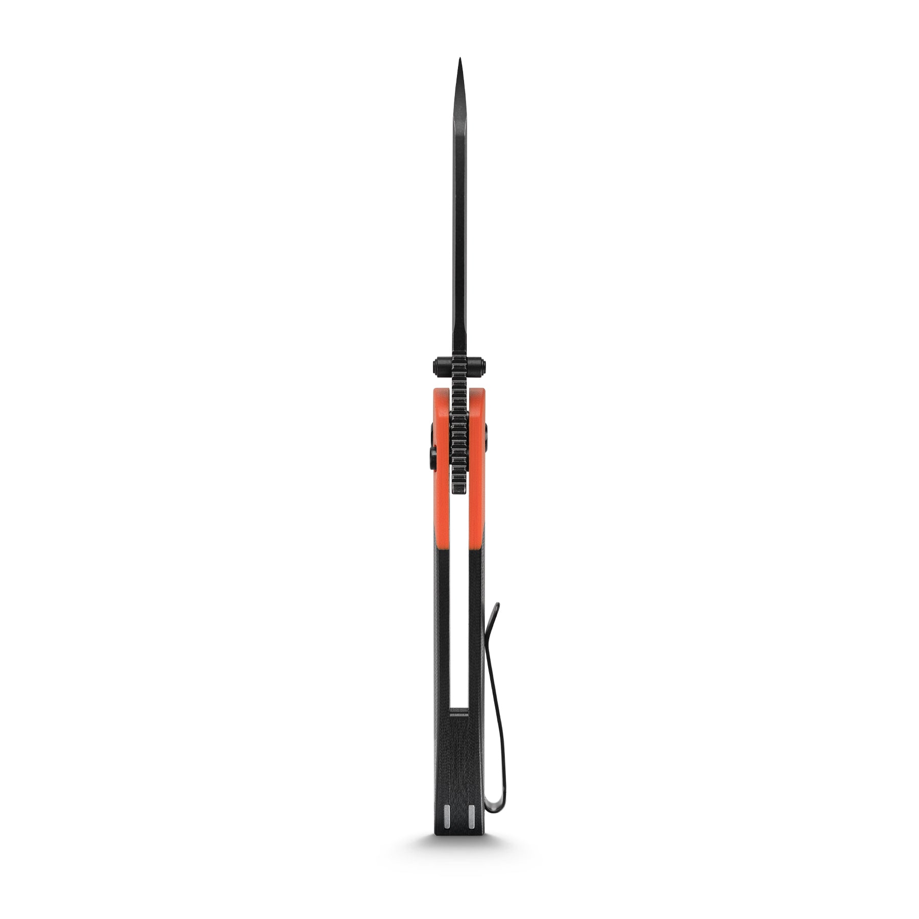 Vosteed Thornton knife, side view with black blade and orange handle