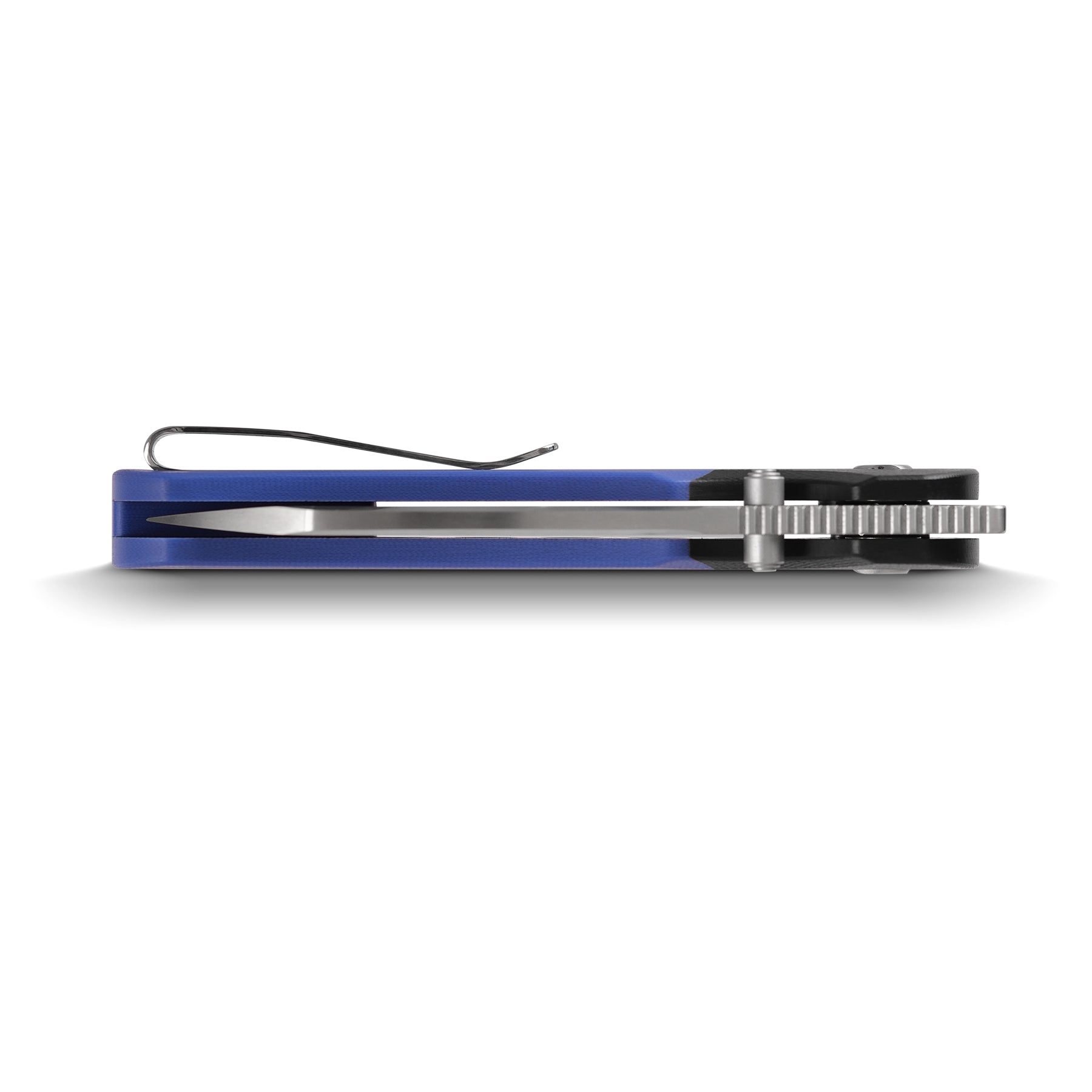 Vosteed Thornton knife side profile, blue G10 handle, pocket clip