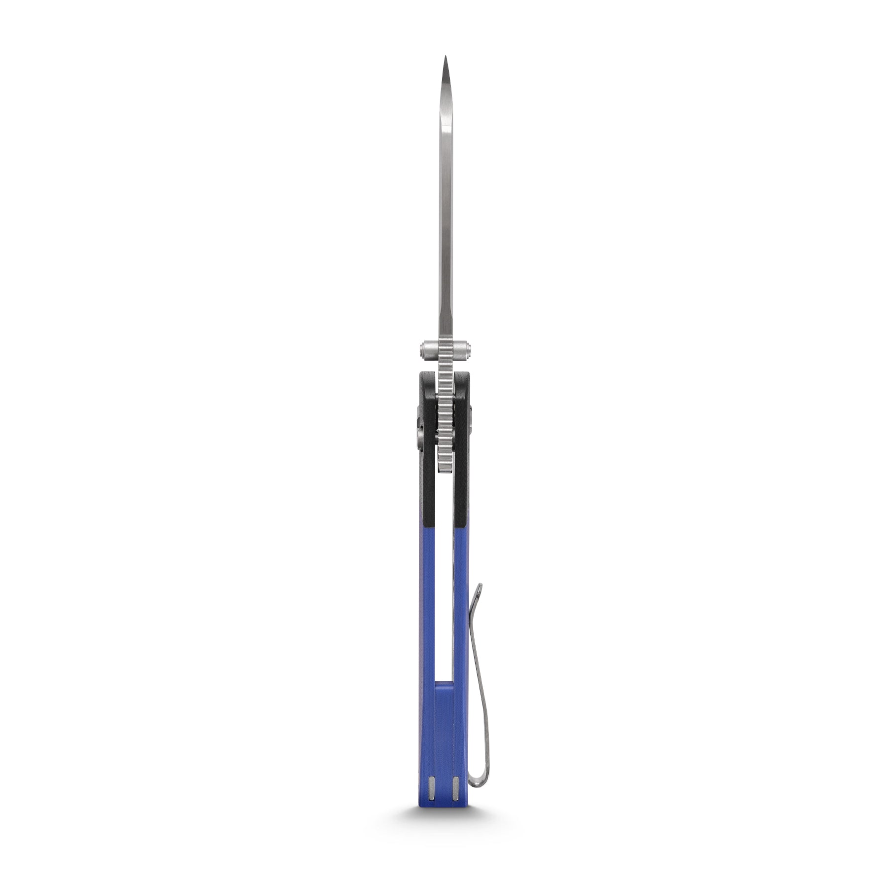 Vosteed Thornton knife side view, showing blade and blue G10 handle