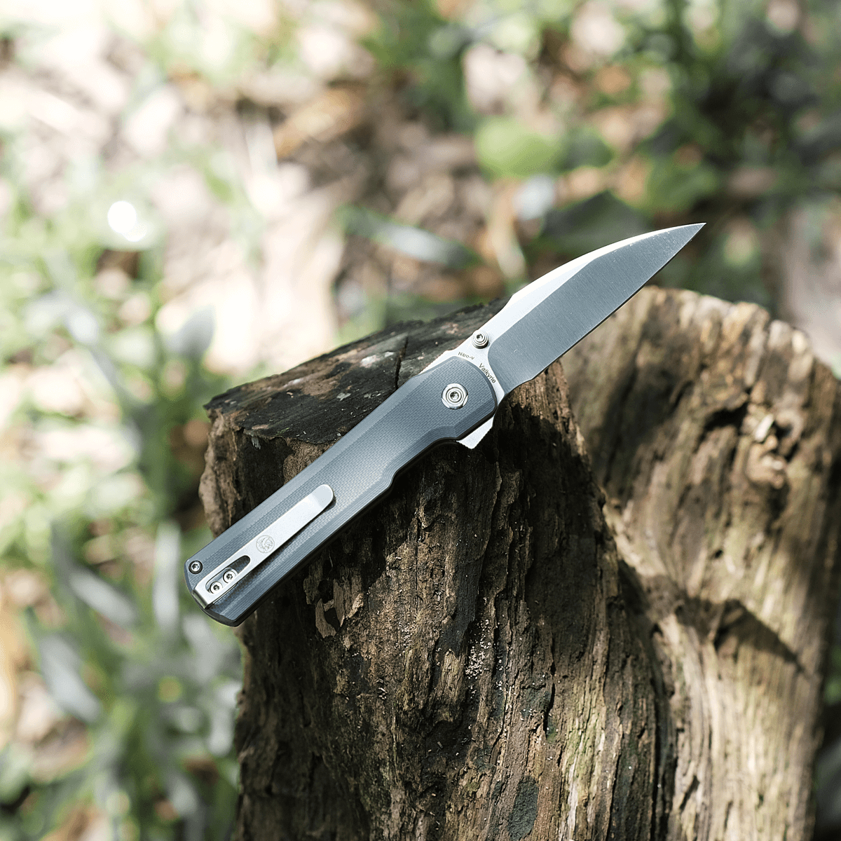 Vosteed Valkyrie knife, grey handle, on wood