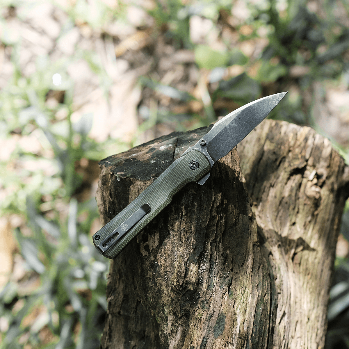 Vosteed Valkyrie knife on a wooden stump