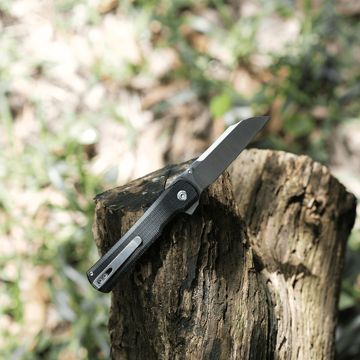Vosteed Valkyrie Sheepsfoot Blade Knife on Wood Stump