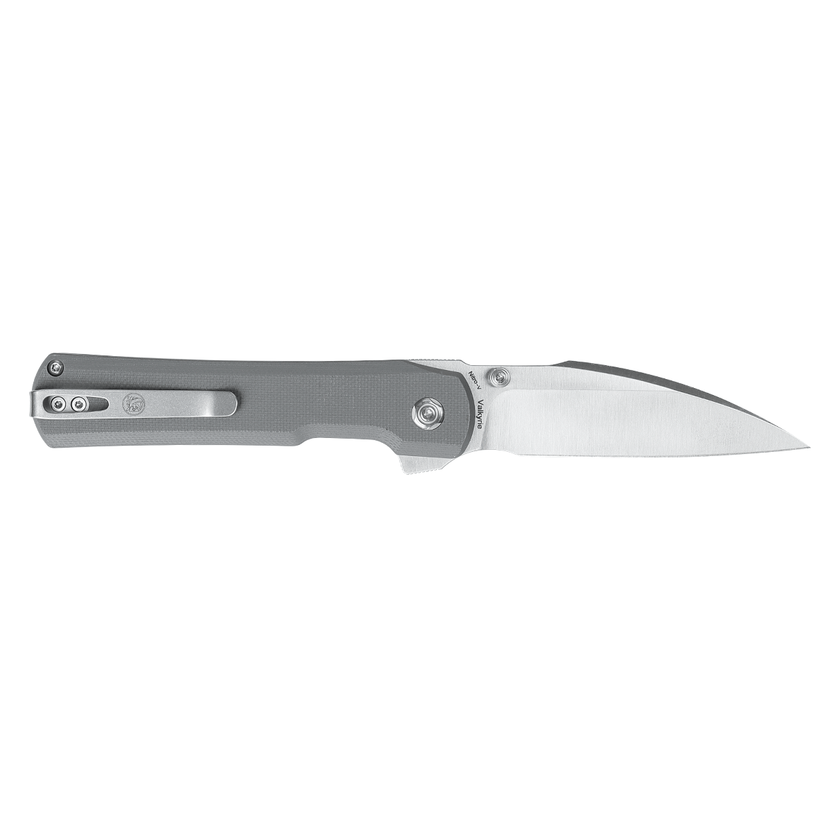 Vosteed Valkyrie knife with gray G10 handle and open blade