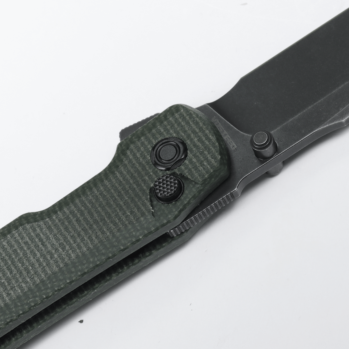 Vosteed Valkyrie Trek Lock Knife close-up, blade and green Micarta handle