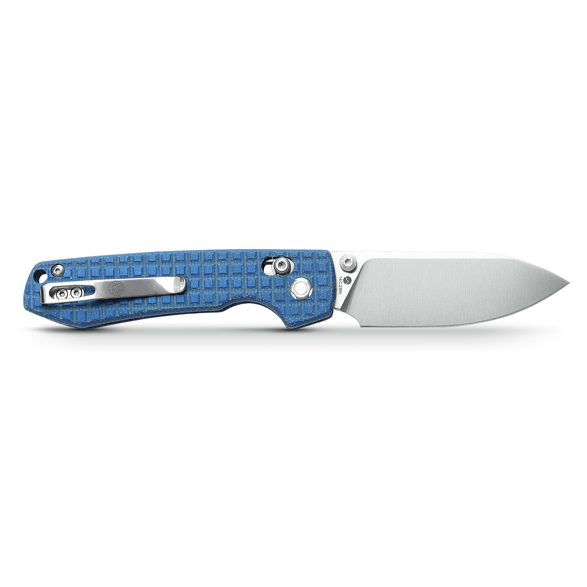 WMK EXCLUSIVE VOSTEED RACCOON CROSSBAR LOCK FOLDING KNIFE BLUE MICARTA FRAG HANDLE 14C28N PLAIN EDGE SATIN FINISH RCCWM2