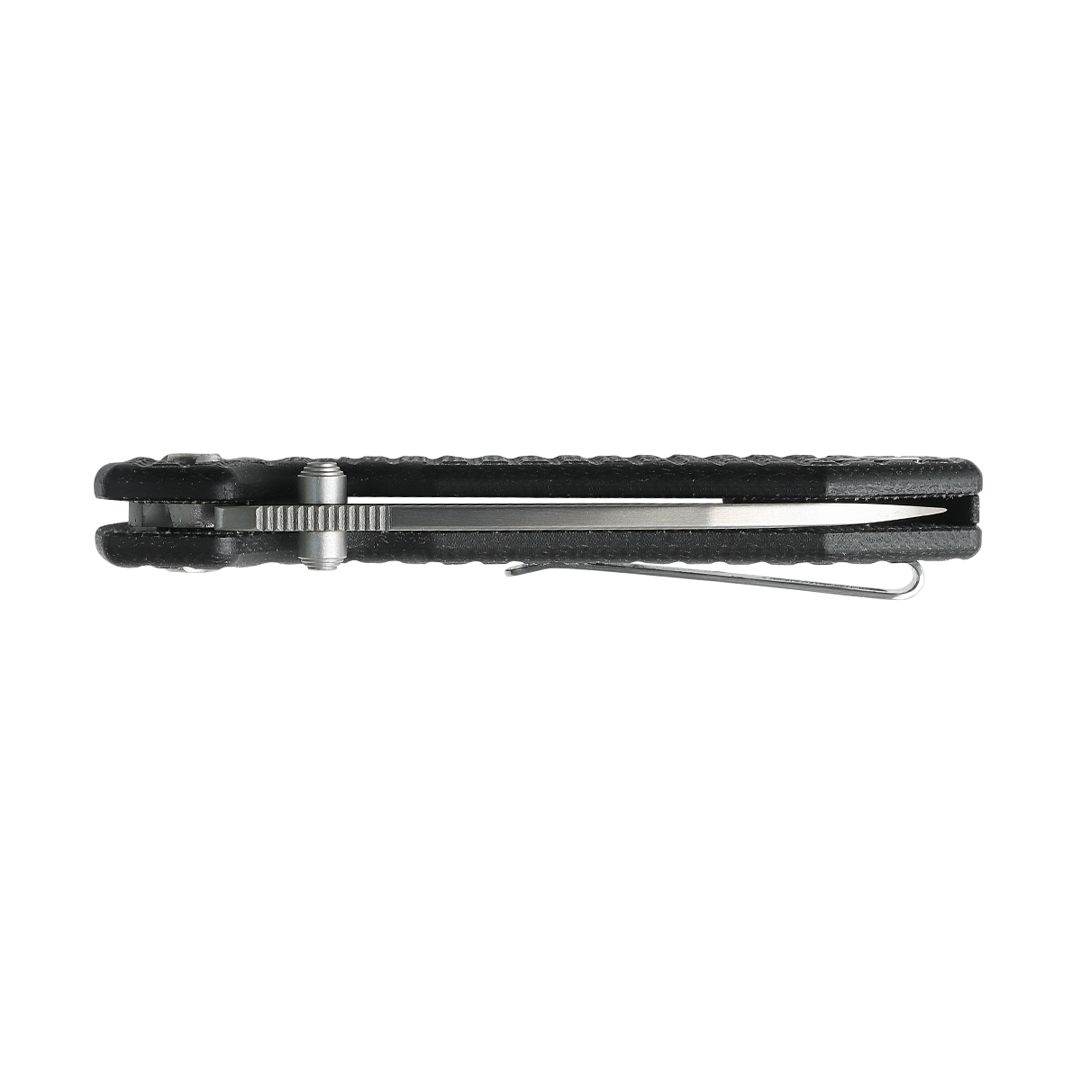 Vosteed Raccoon Button Lock Knife side view, black Micarta handle