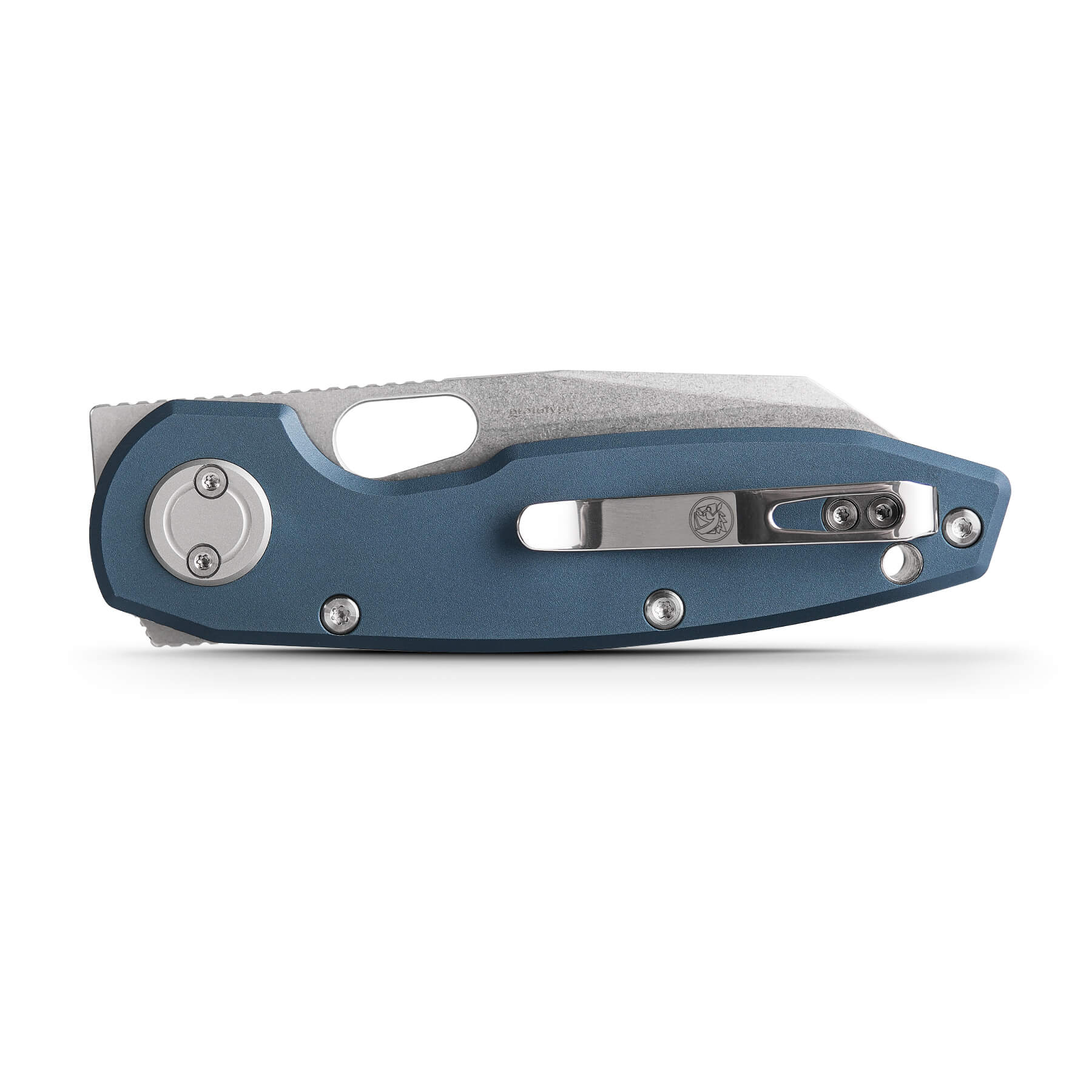 Vosteed Ankylo knife with blue aluminum handle and pocket clip
