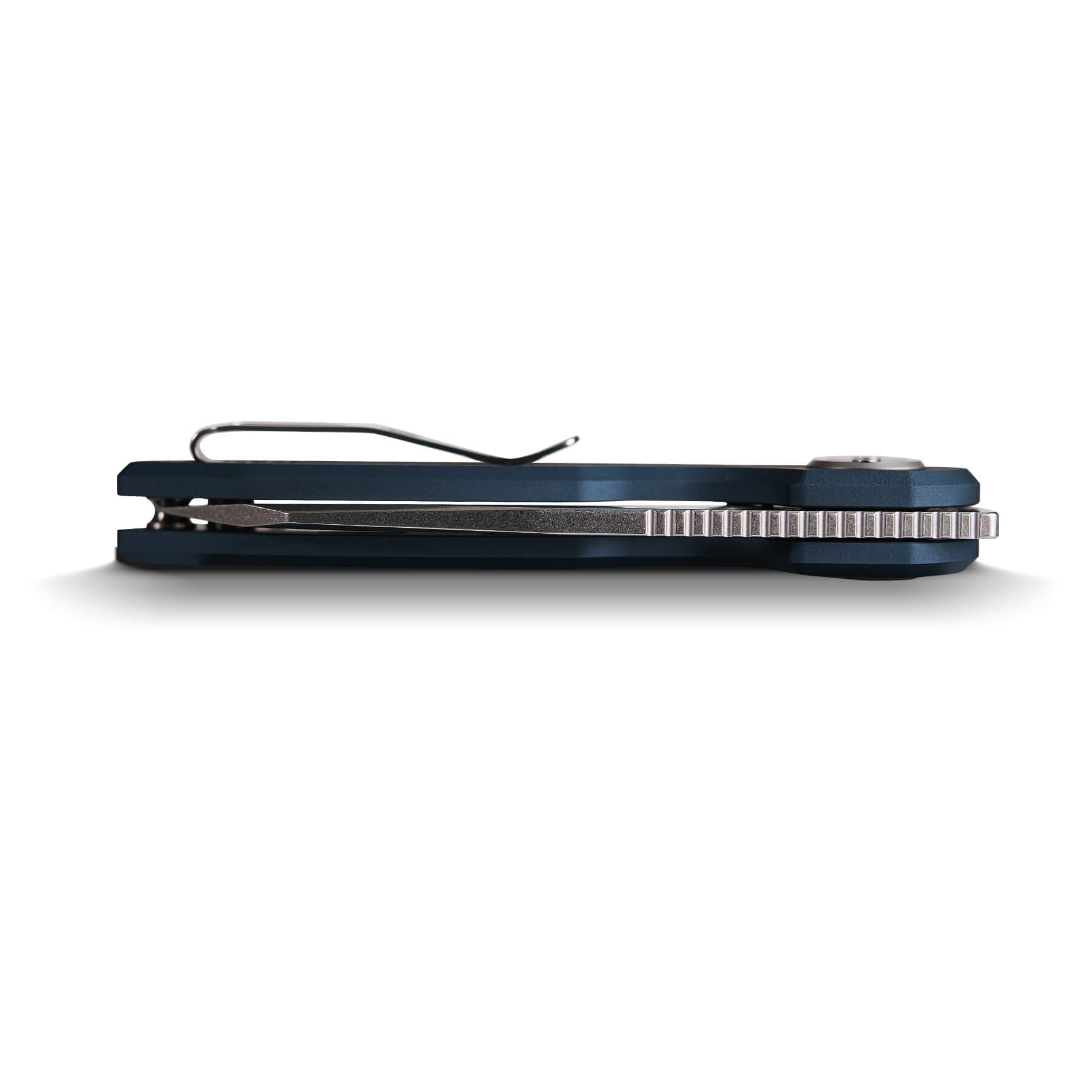 Vosteed Ankylo knife side view, blue handle and pocket clip