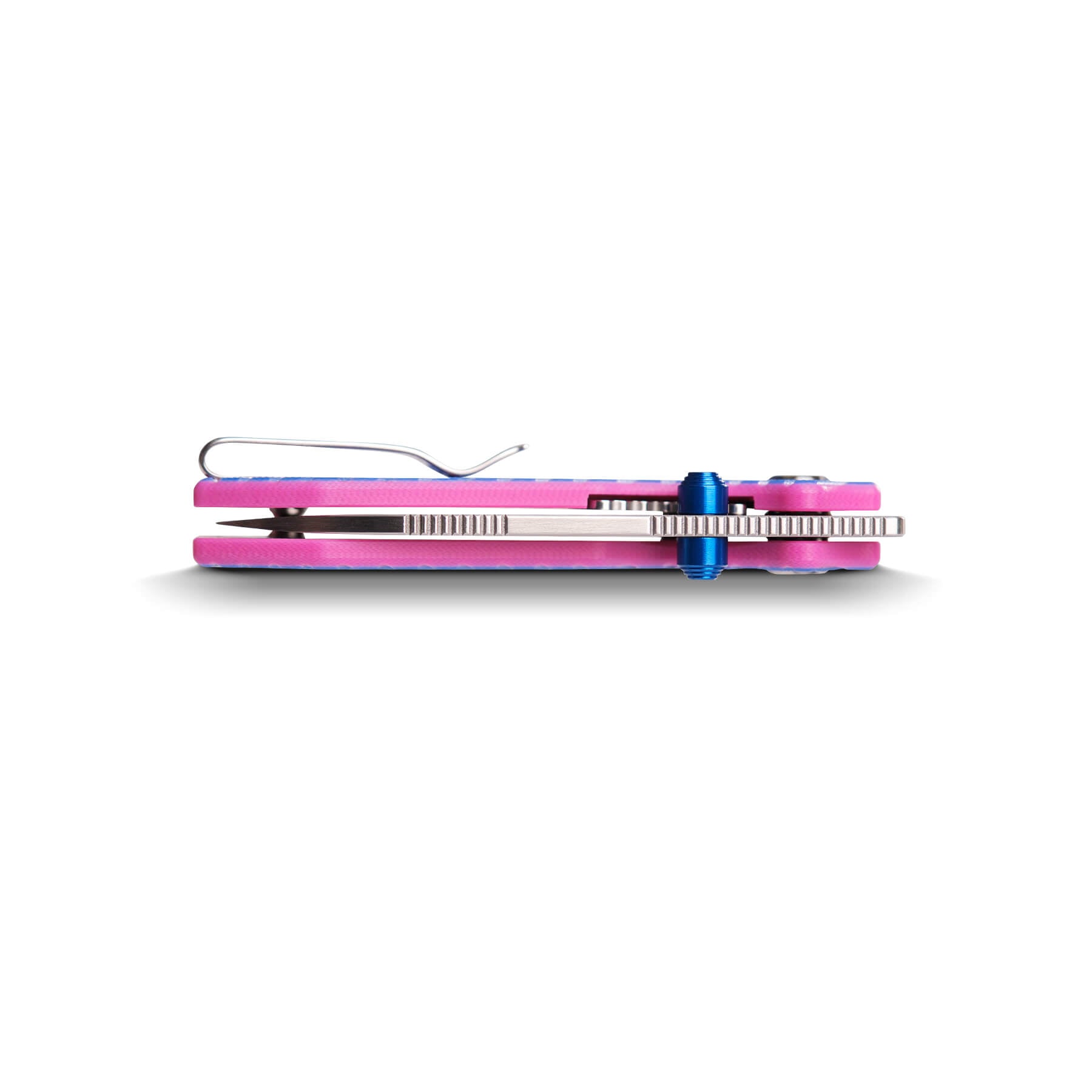 Vosteed Raccoon Cub knife, side view, blue and pink G10 handle