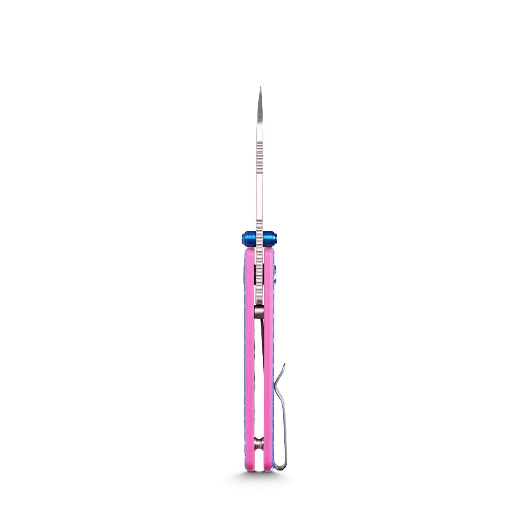 Vosteed Raccoon Cub side profile, blue thumb stud and pink handle