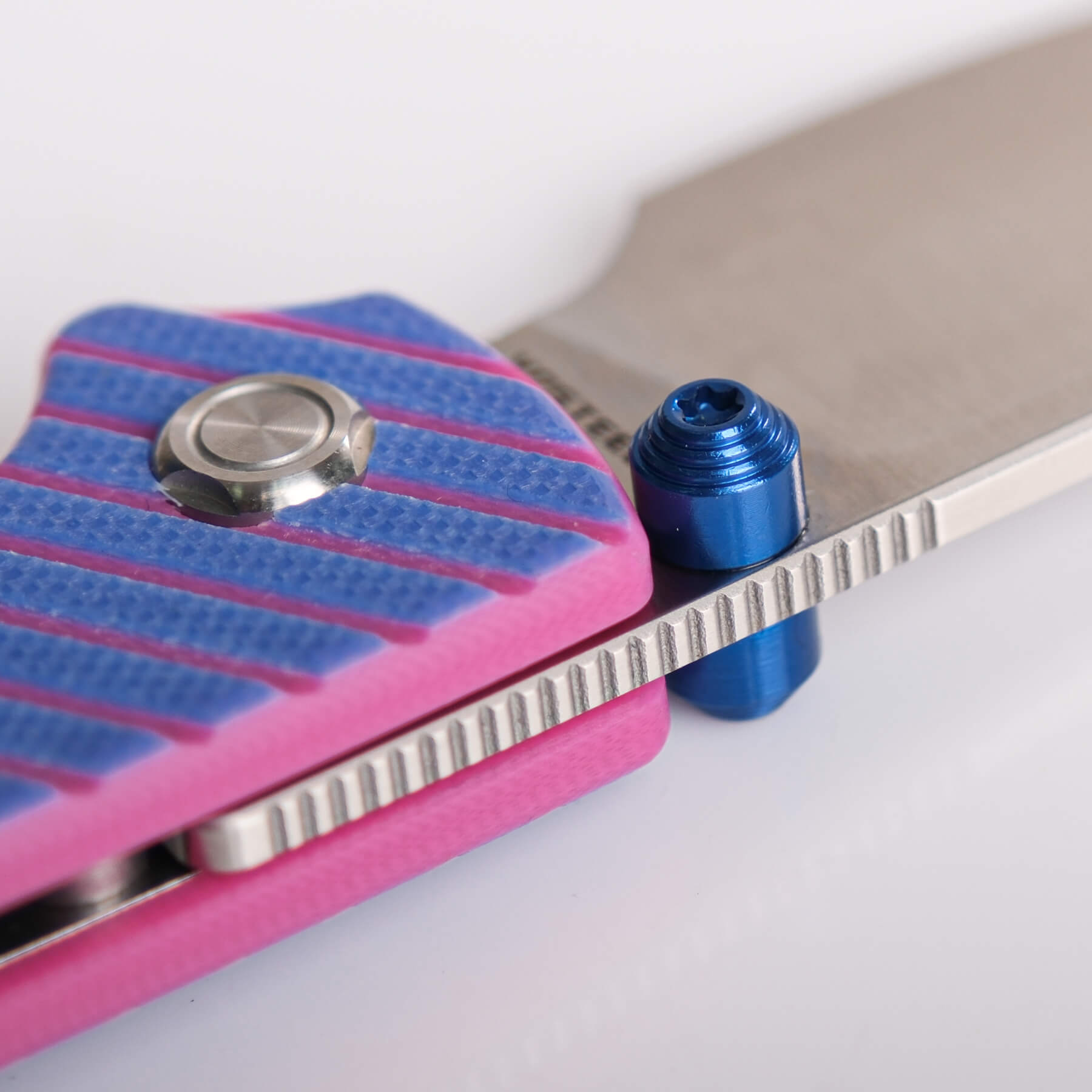 Vosteed Raccoon Cub knife detail: blue thumb stud and handle