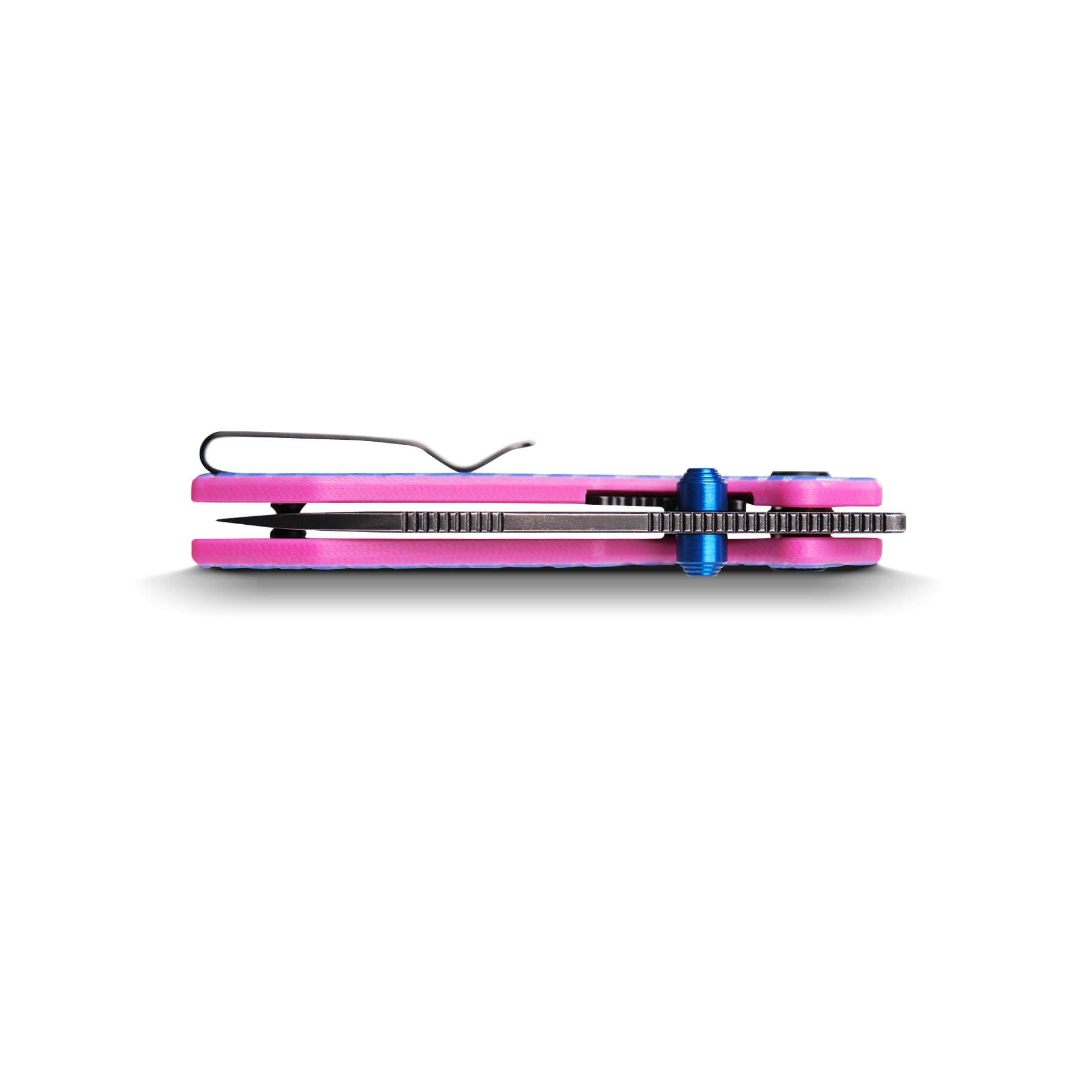 Vosteed Raccoon Cub knife side profile, blue & pink G10 handle