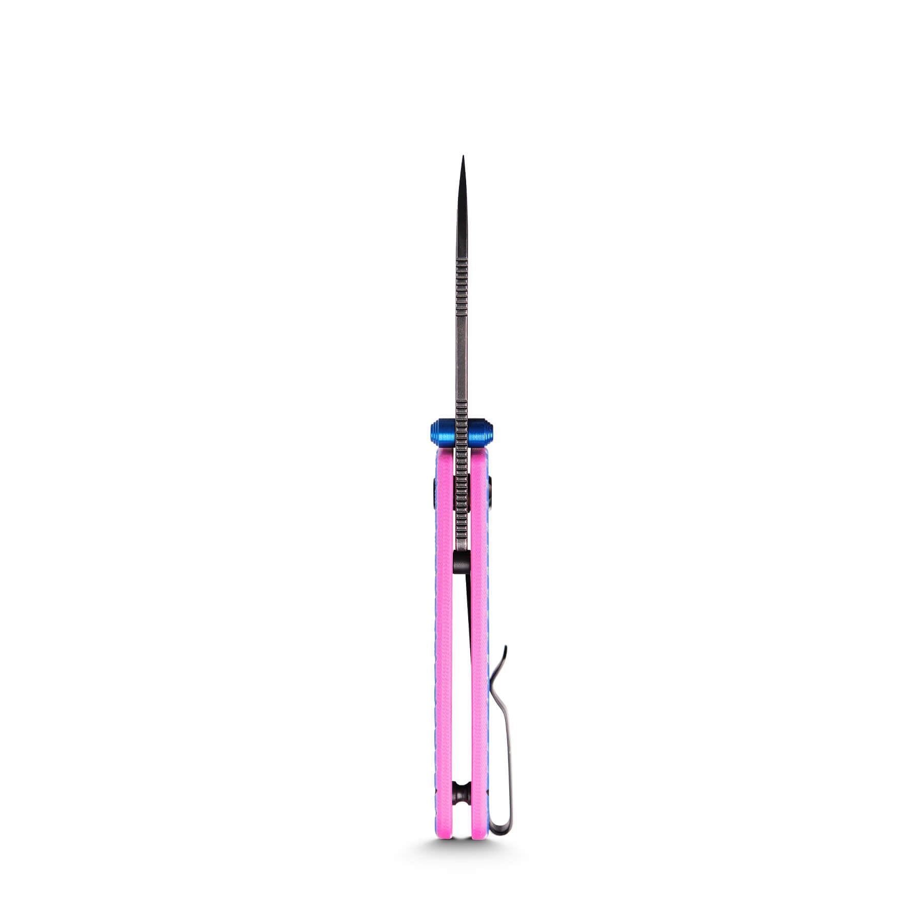 Vosteed Raccoon Cub knife side view, blue and pink handle