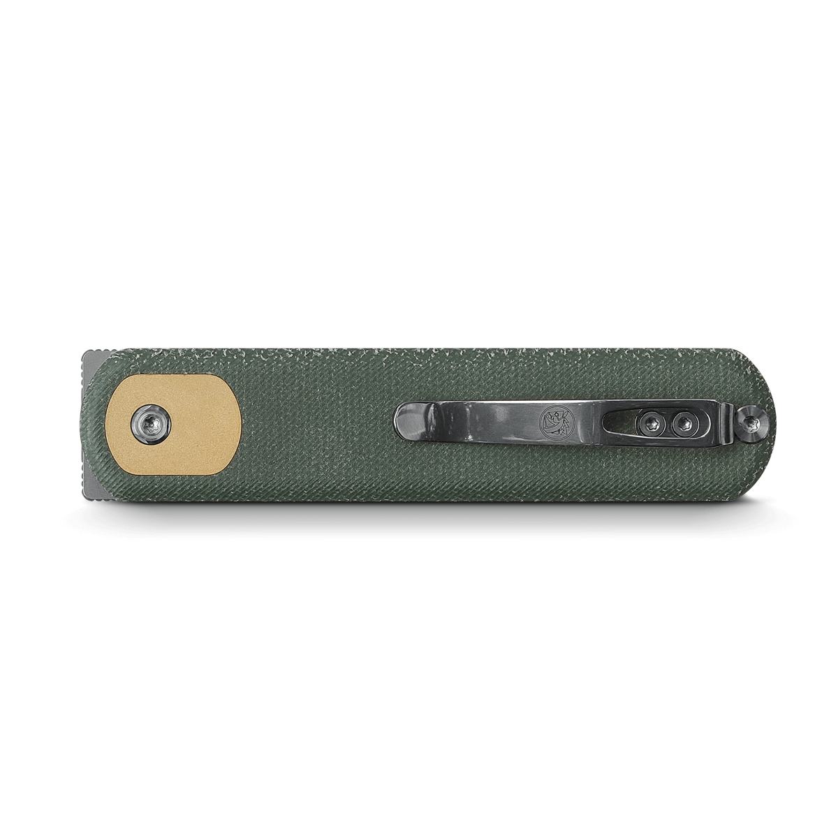 Corgi knife top view, showing green Micarta handle and clip