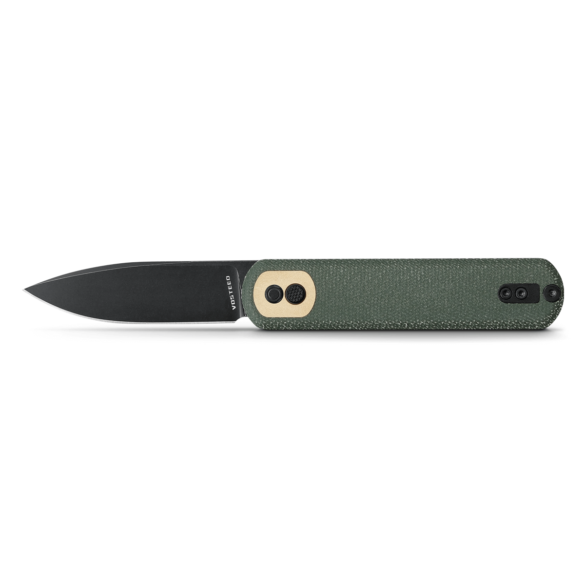 Vosteed Corgi knife with black blade and green Micarta handle