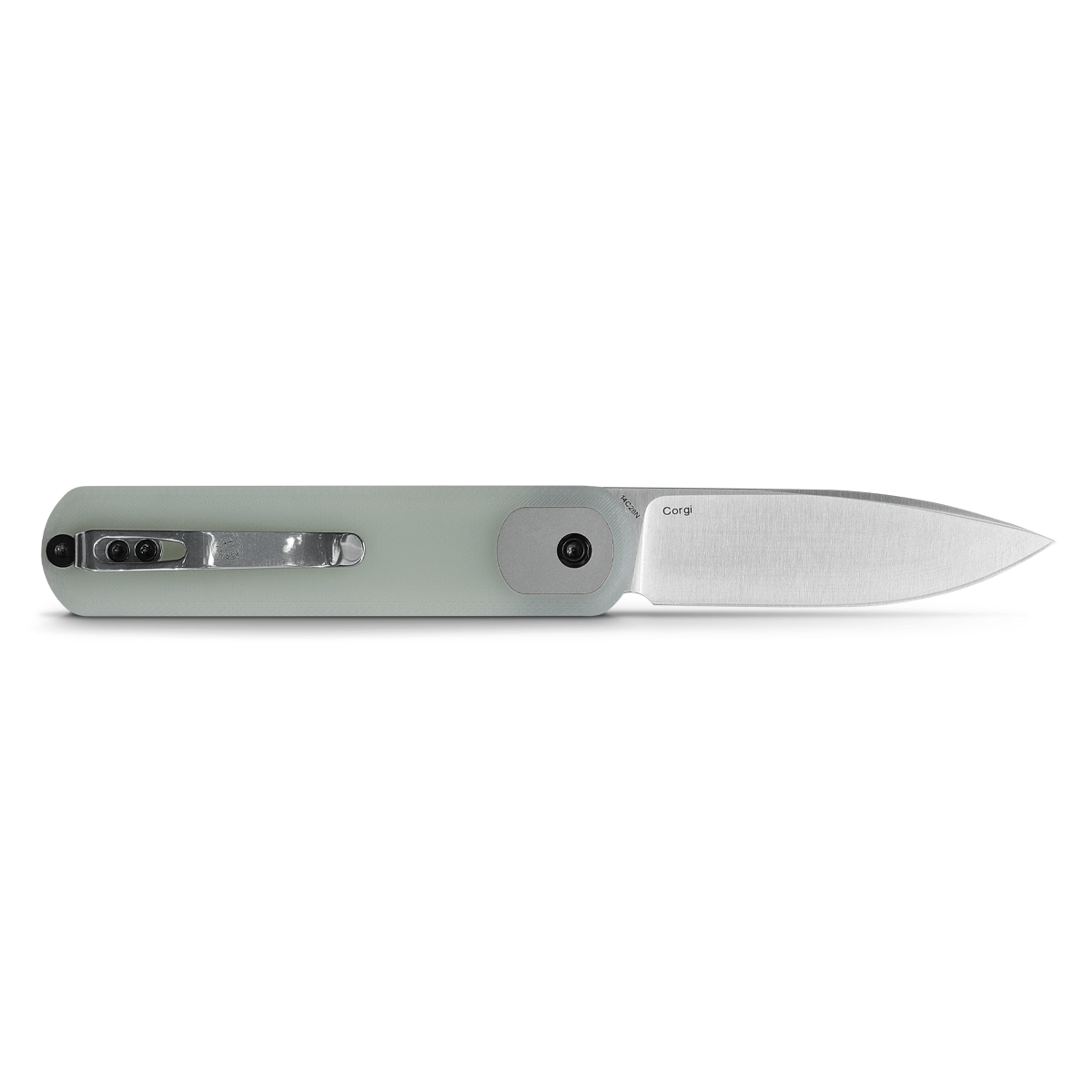Vosteed Corgi knife with jade G10 handle, blade with Corgi text