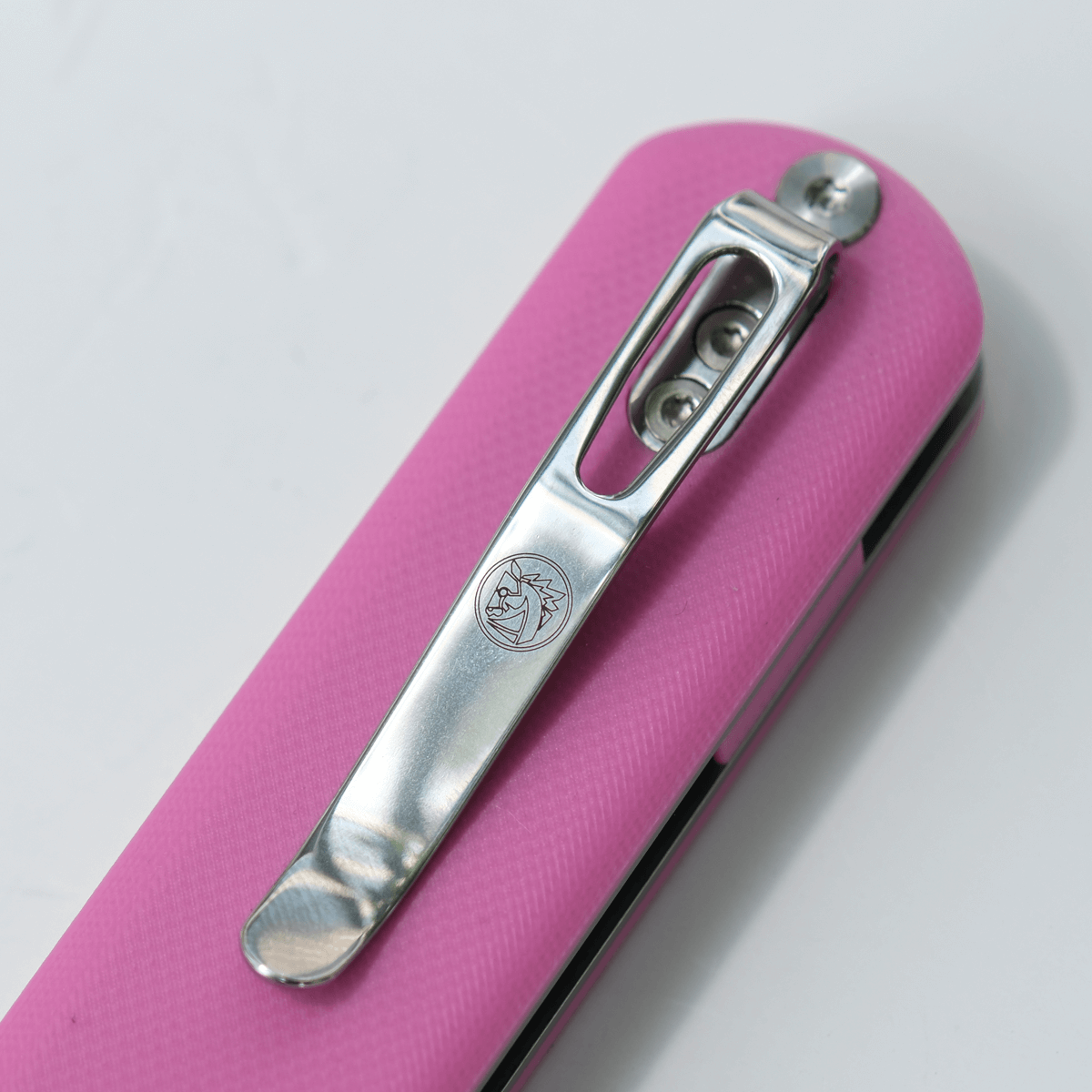 Corgi Knife Pocket Clip Detail - Pink G10