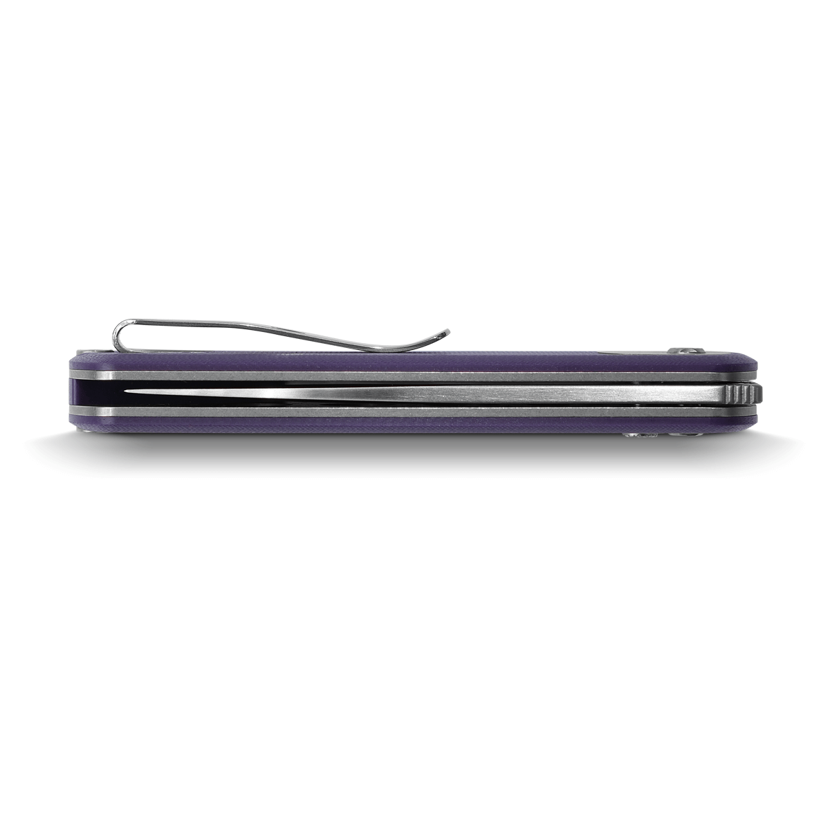 Vosteed Corgi knife side view, purple G10 handle, pocket clip