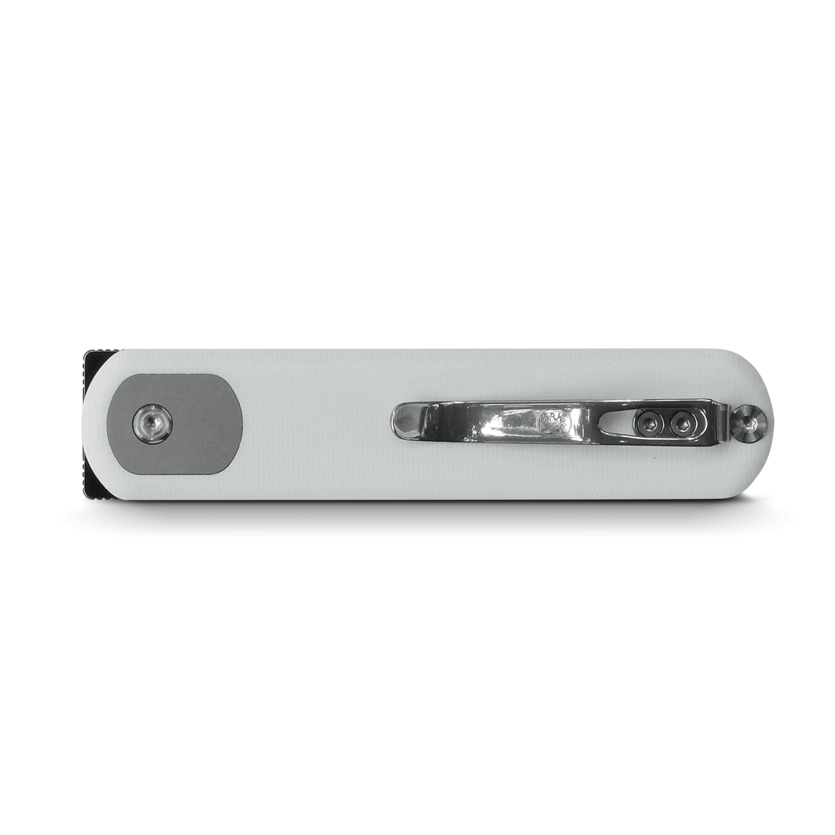 Corgi Trek Lock Knife: Pocket clip and white G10 handle detail