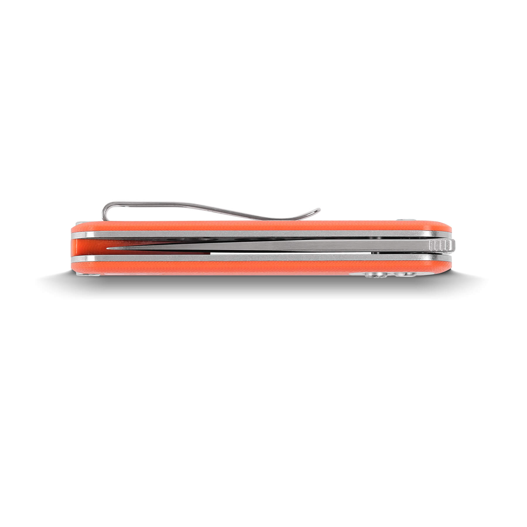Vosteed Corgi Pup knife side view, orange G10 handle, pocket clip