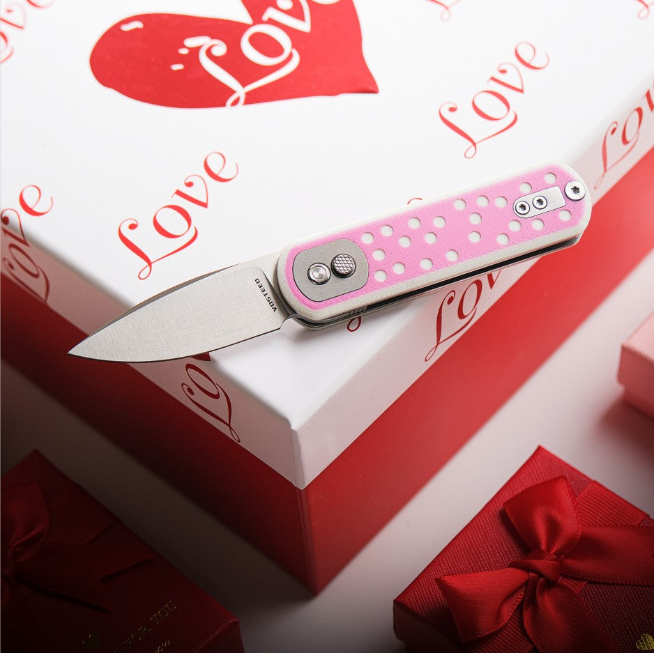 Vosteed Corgi Pup Trek Lock knife, pink handle with Love