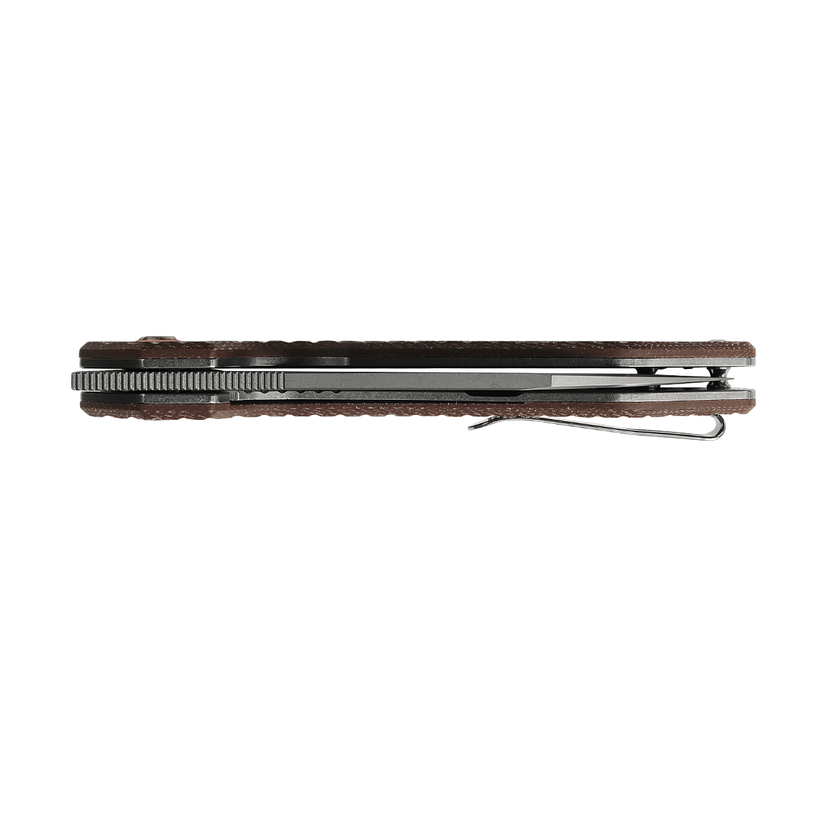 Vosteed Gator Knife Side View: Micarta handle, pocket clip, closed blade