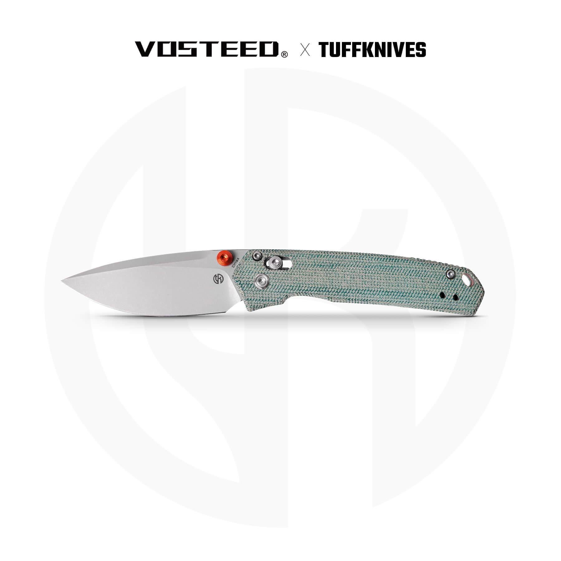 Vosteed Mini Psyop knife with Elmax blade and teal Micarta handle