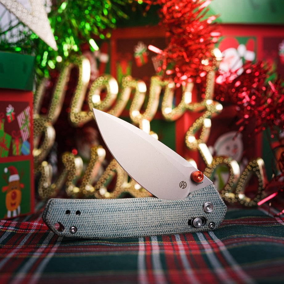 Vosteed Mini Psyop knife, Christmas edition, teal Micarta