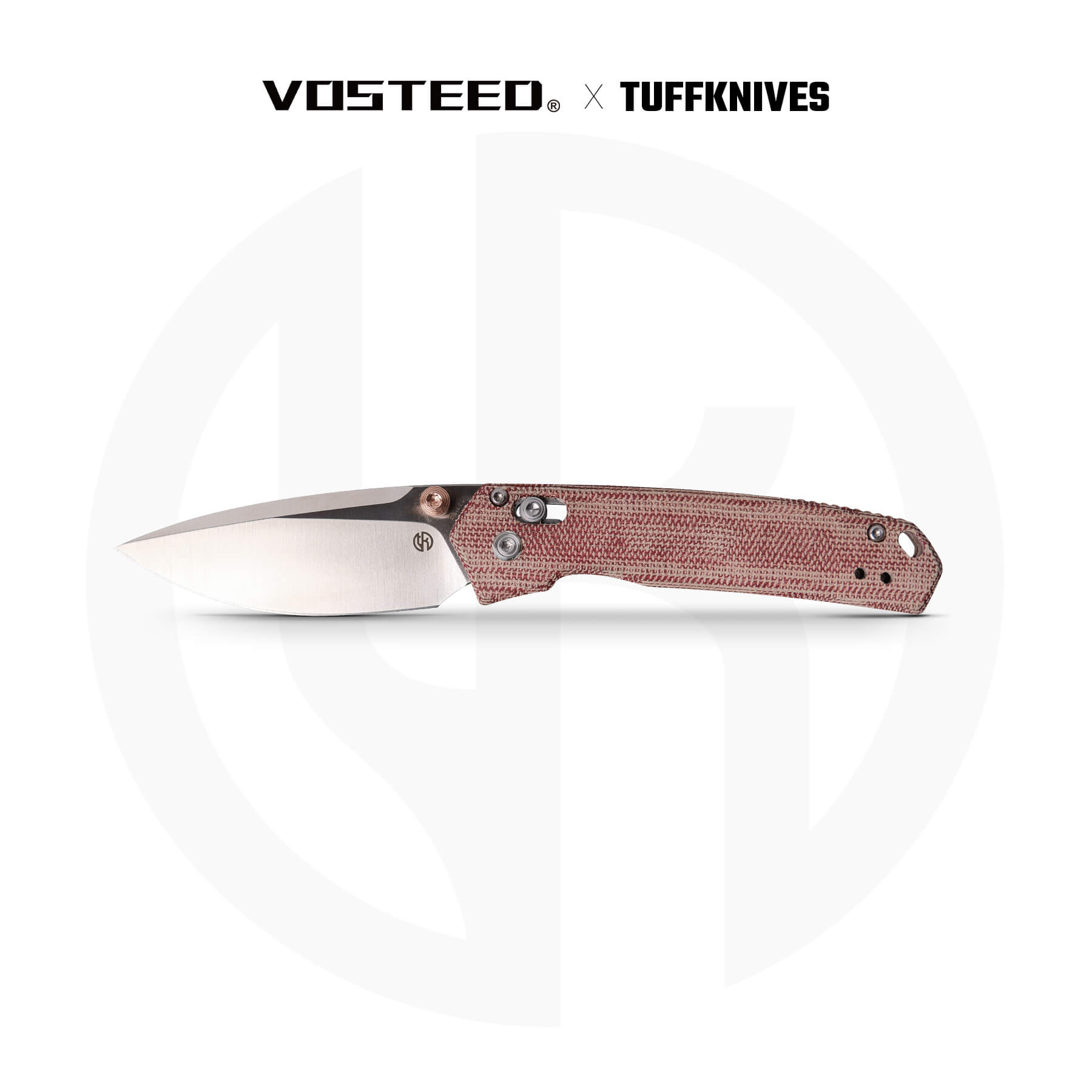 Vosteed Mini Psyop knife with red Micarta handle and Elmax blade