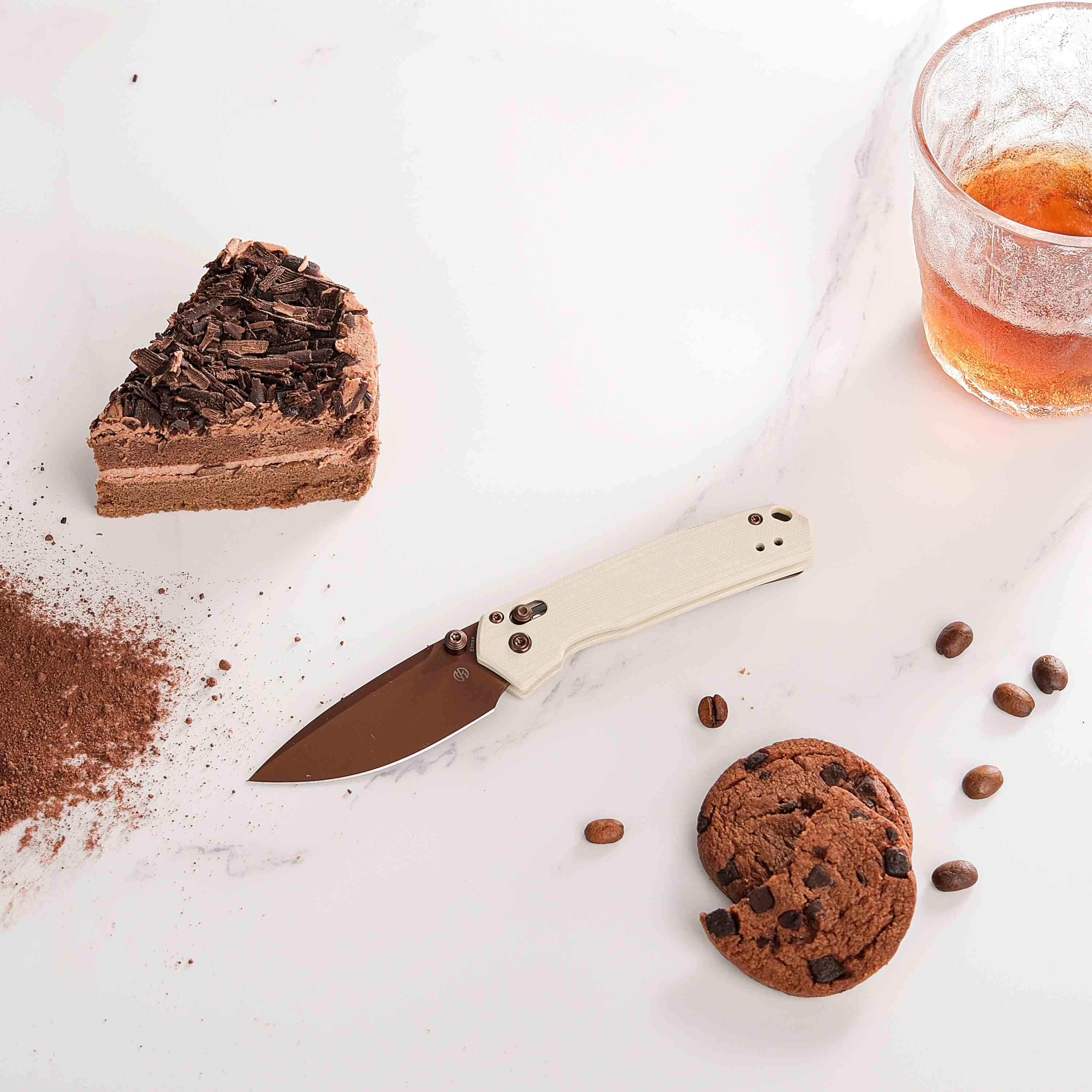 Vosteed Mini Psyop knife paired with dessert and coffee, Valentine's Day
