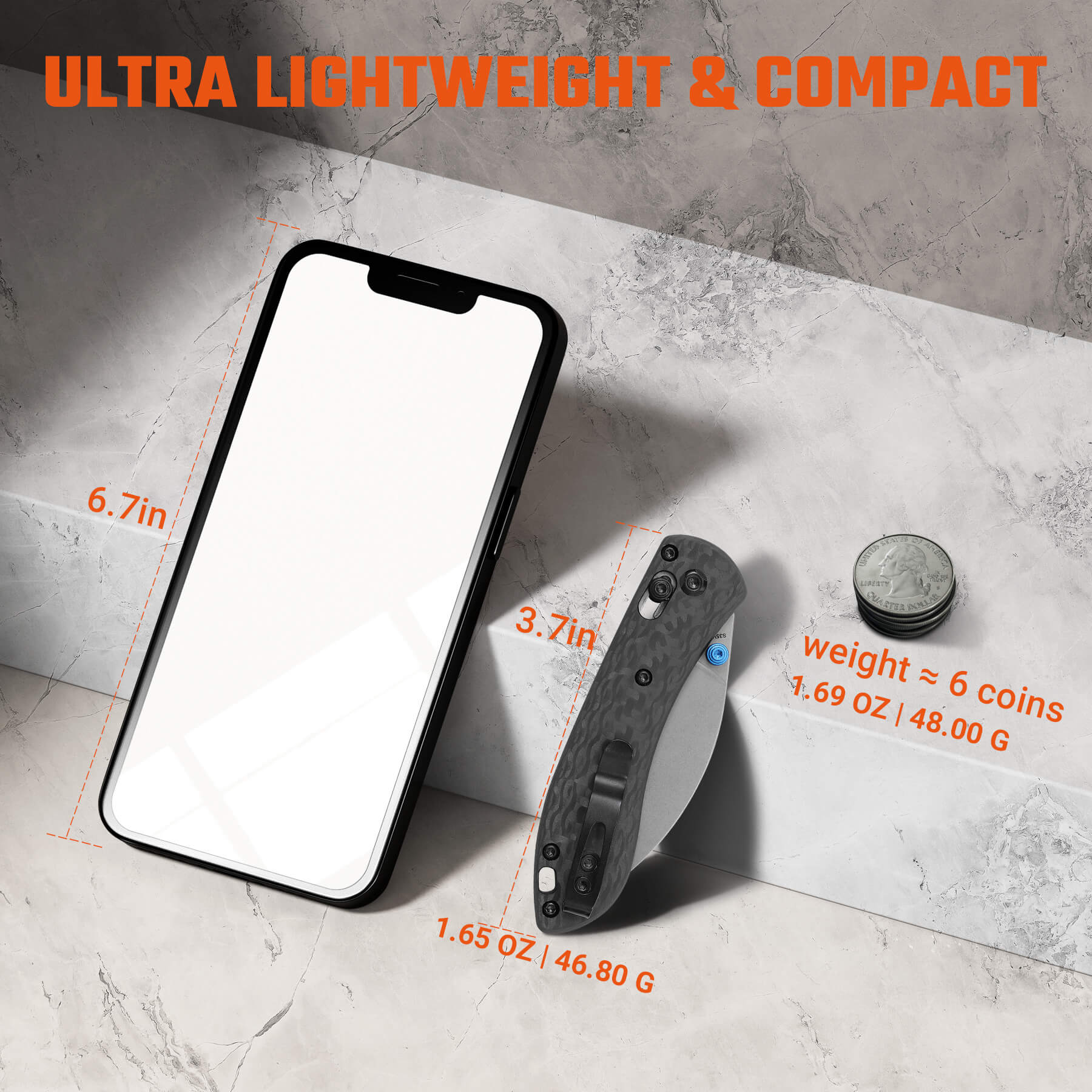 Vosteed Mini Nightshade knife next to a phone, showing its compact size