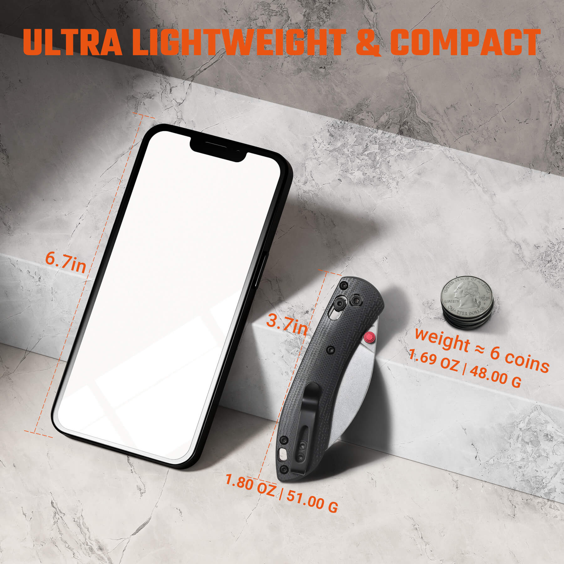Vosteed Mini Nightshade knife, ultra lightweight and compact, with dimensions