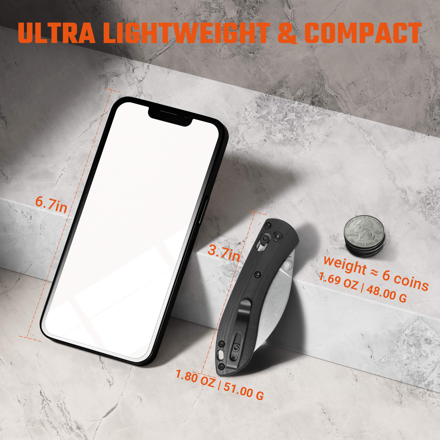 Vosteed Mini Nightshade knife, lightweight and compact, next to a phone, coins.