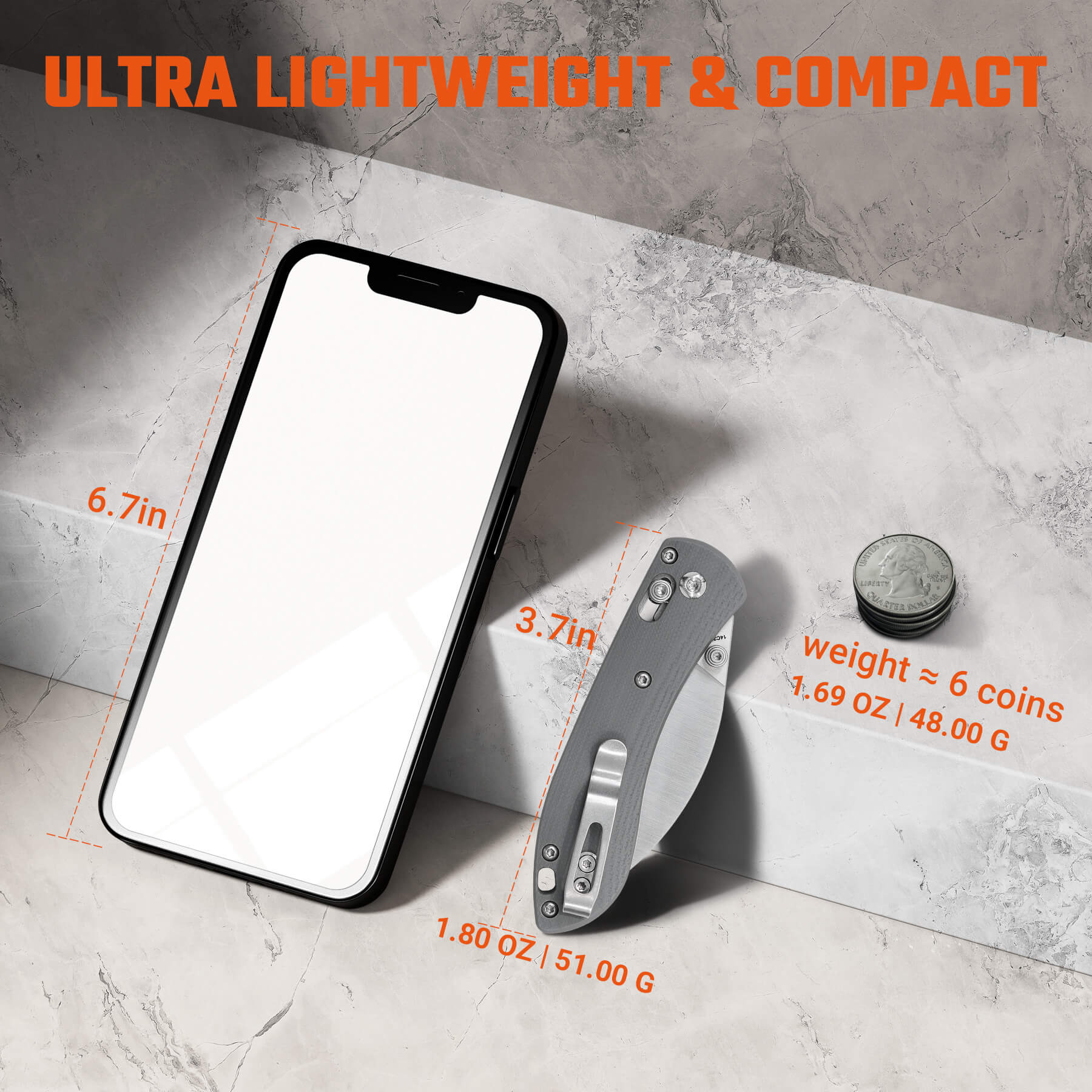 Vosteed Mini Nightshade knife, lightweight and compact with phone comparison
