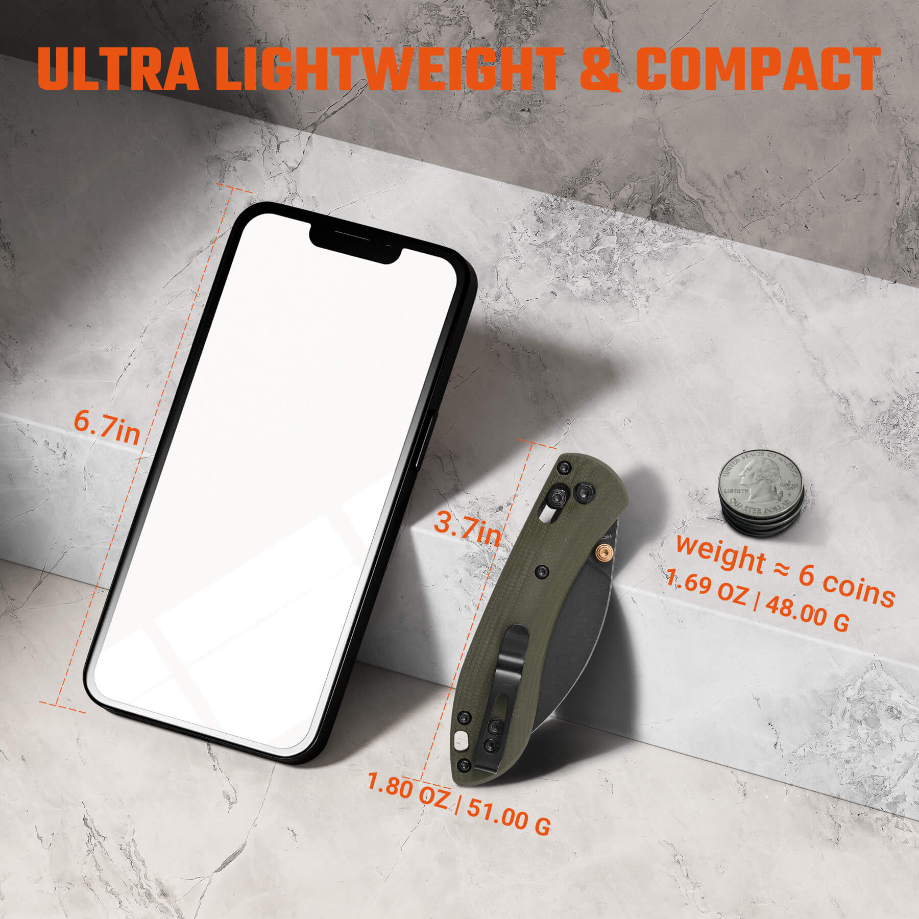 Mini Nightshade knife next to phone, ultra lightweight & compact