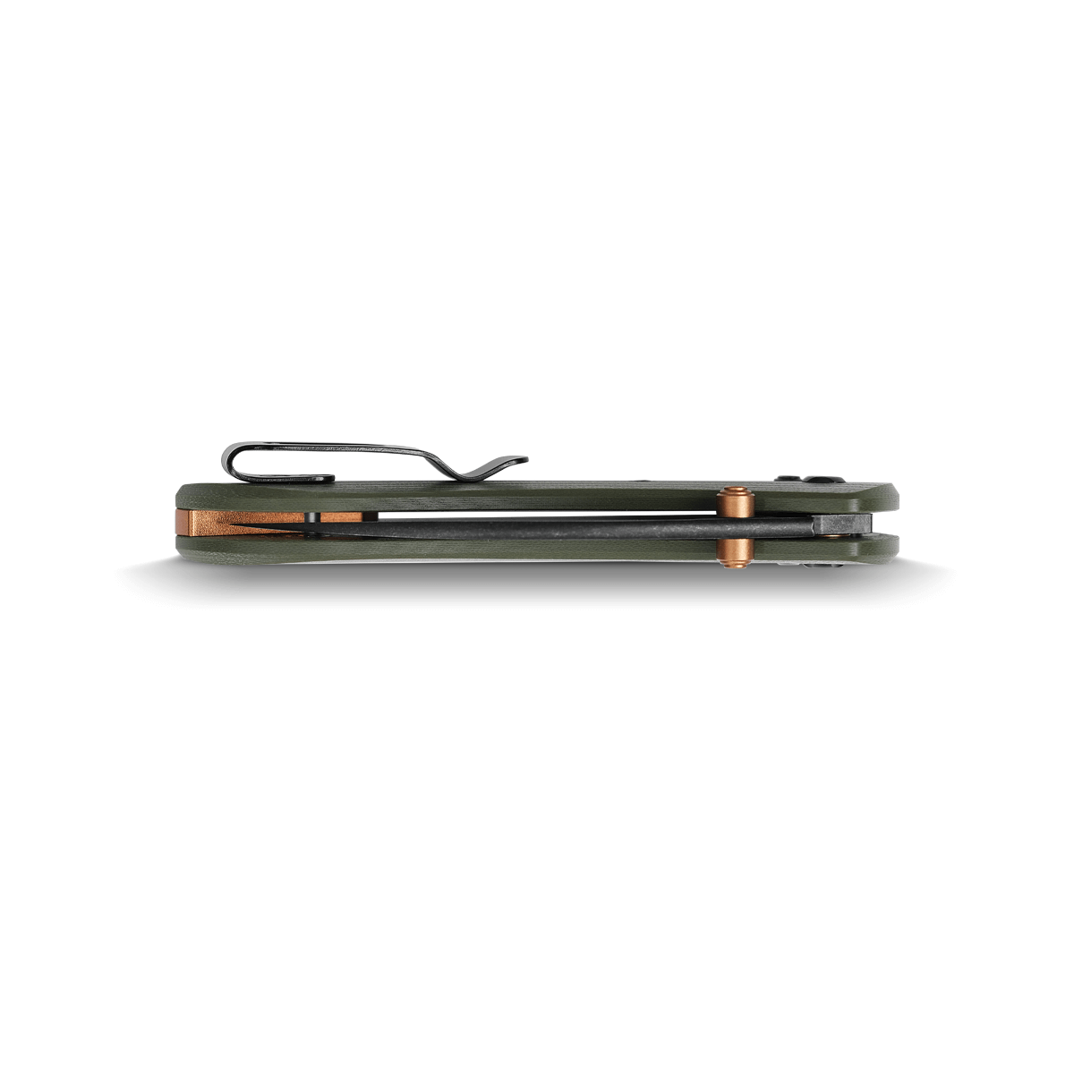 Vosteed Mini Nightshade green G10 knife, pocket clip view