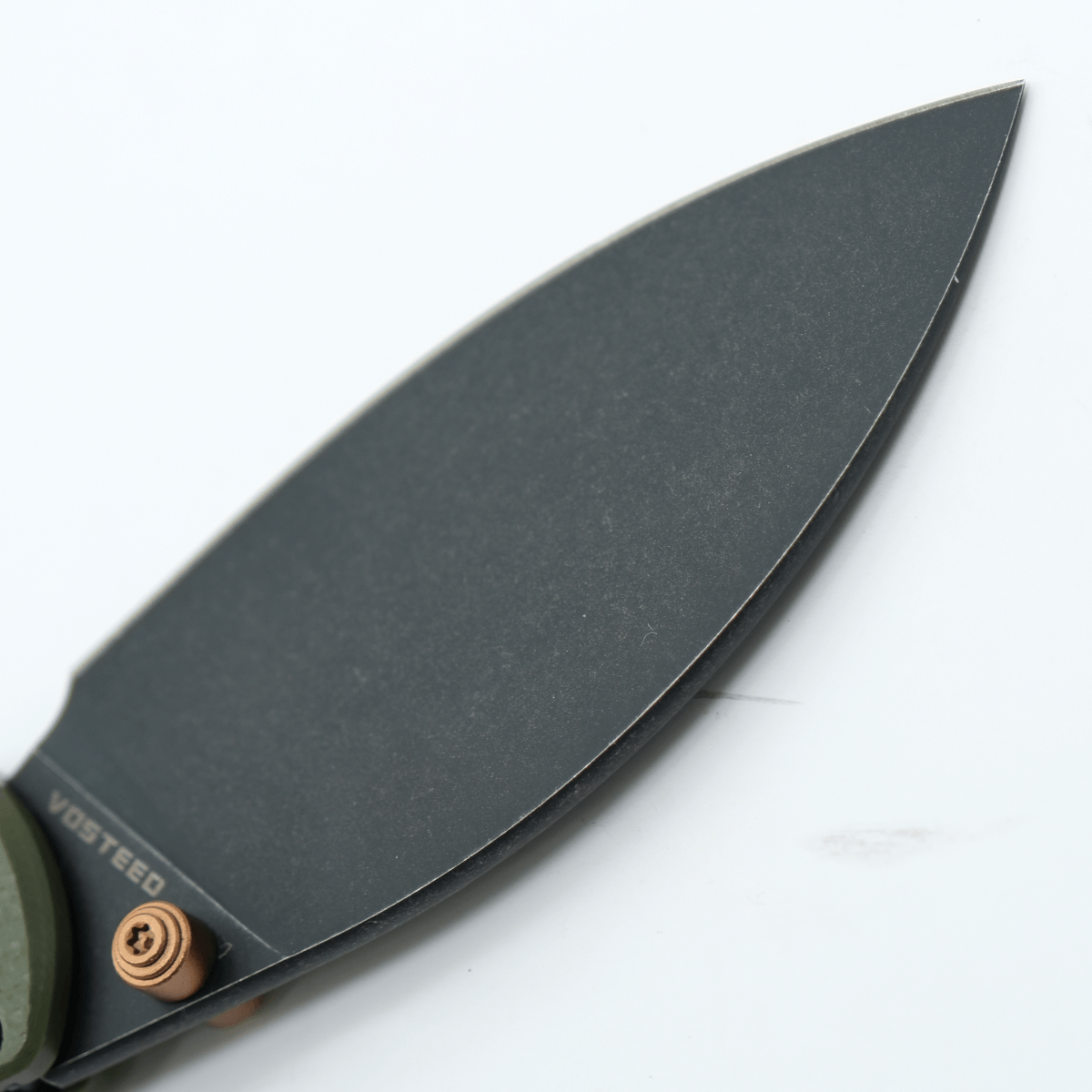 Vosteed Mini Nightshade knife blade detail, black stonewash finish