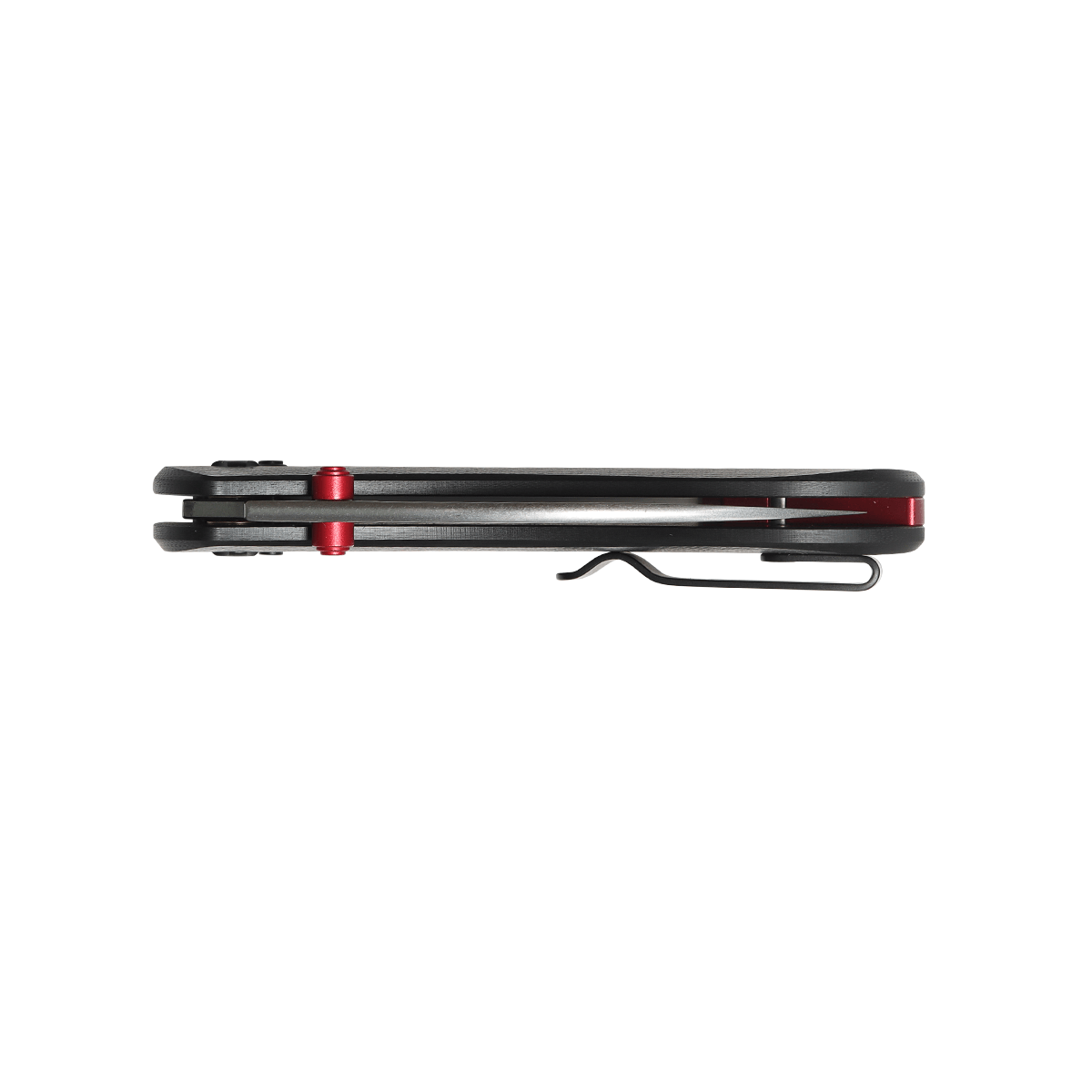 Vosteed Mini Nightshade knife side view: black G10 handle, red accents, pocket clip