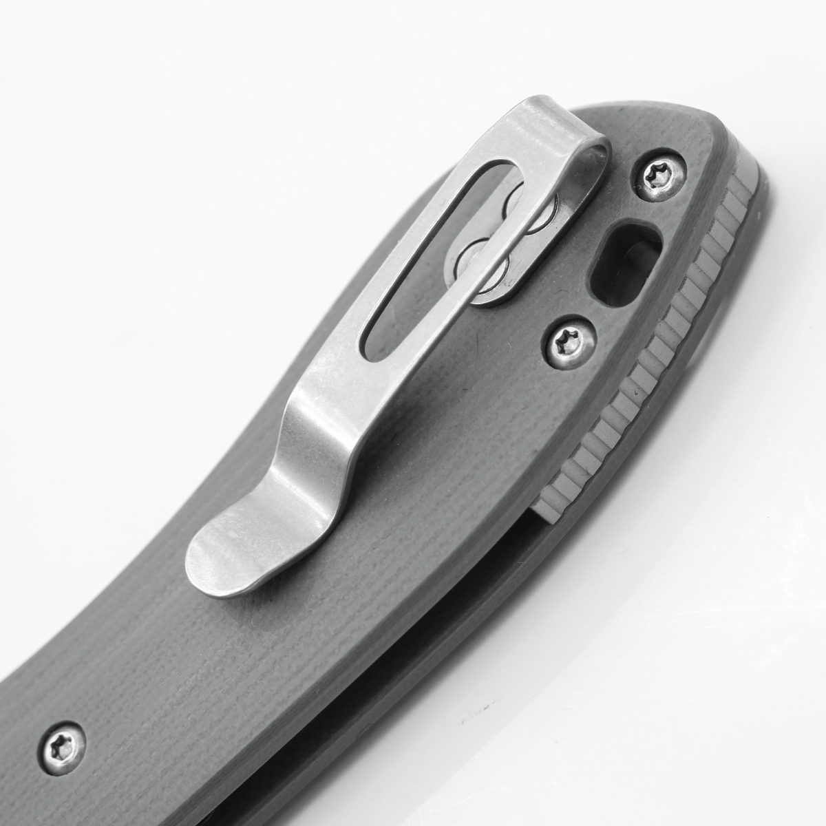 Vosteed Mini Nightshade pocket clip detail, Gray G10 Handle