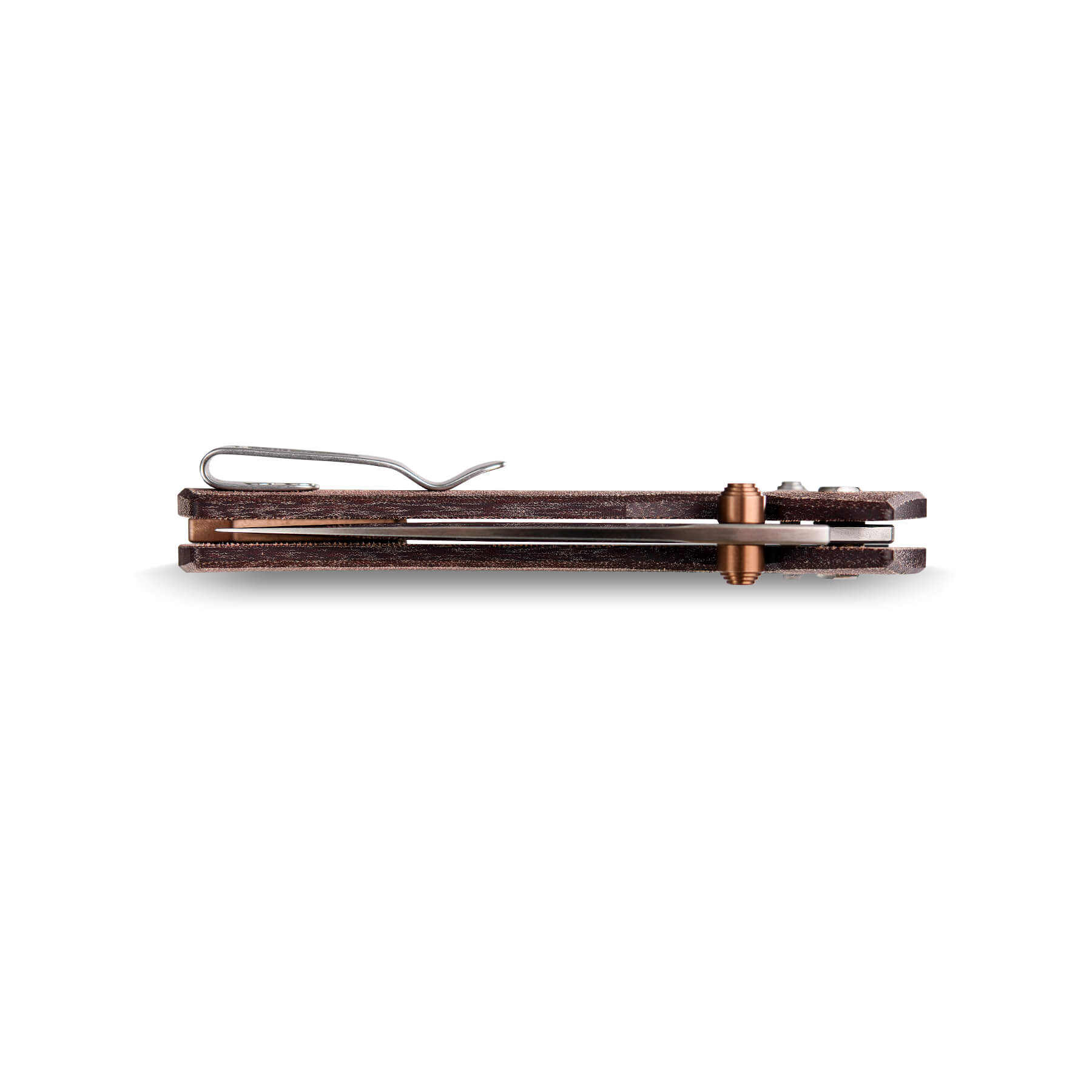 Mini Psyop knife profile showing clip, handle and copper accents