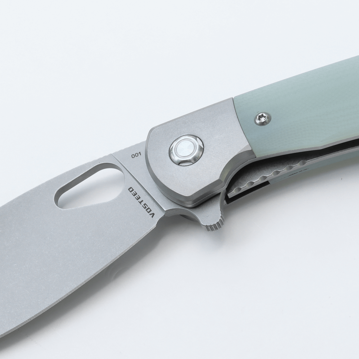 Vosteed Nightshade knife blade detail, showing Elmax steel and Vosteed logo