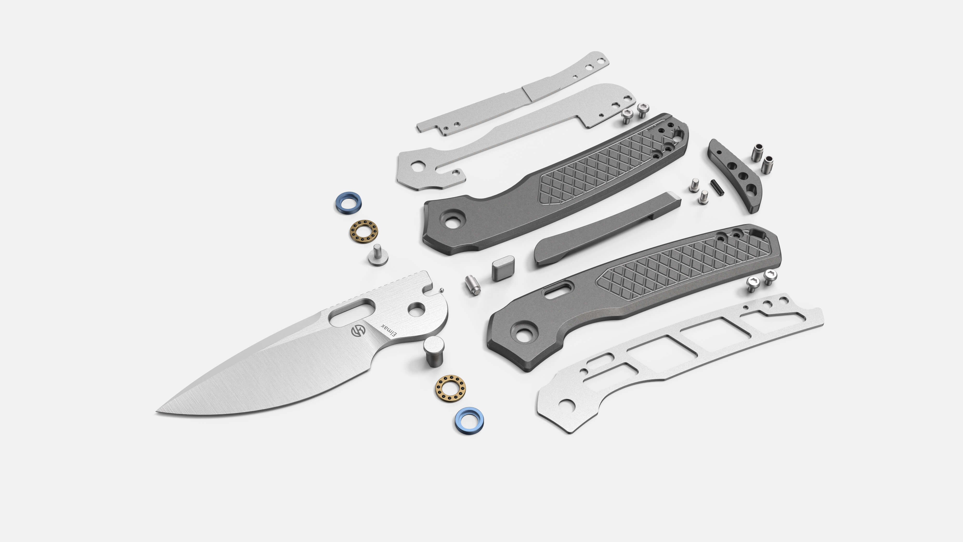 Vosteed Psyop knife parts, Elmax blade, titanium handle, disassembled