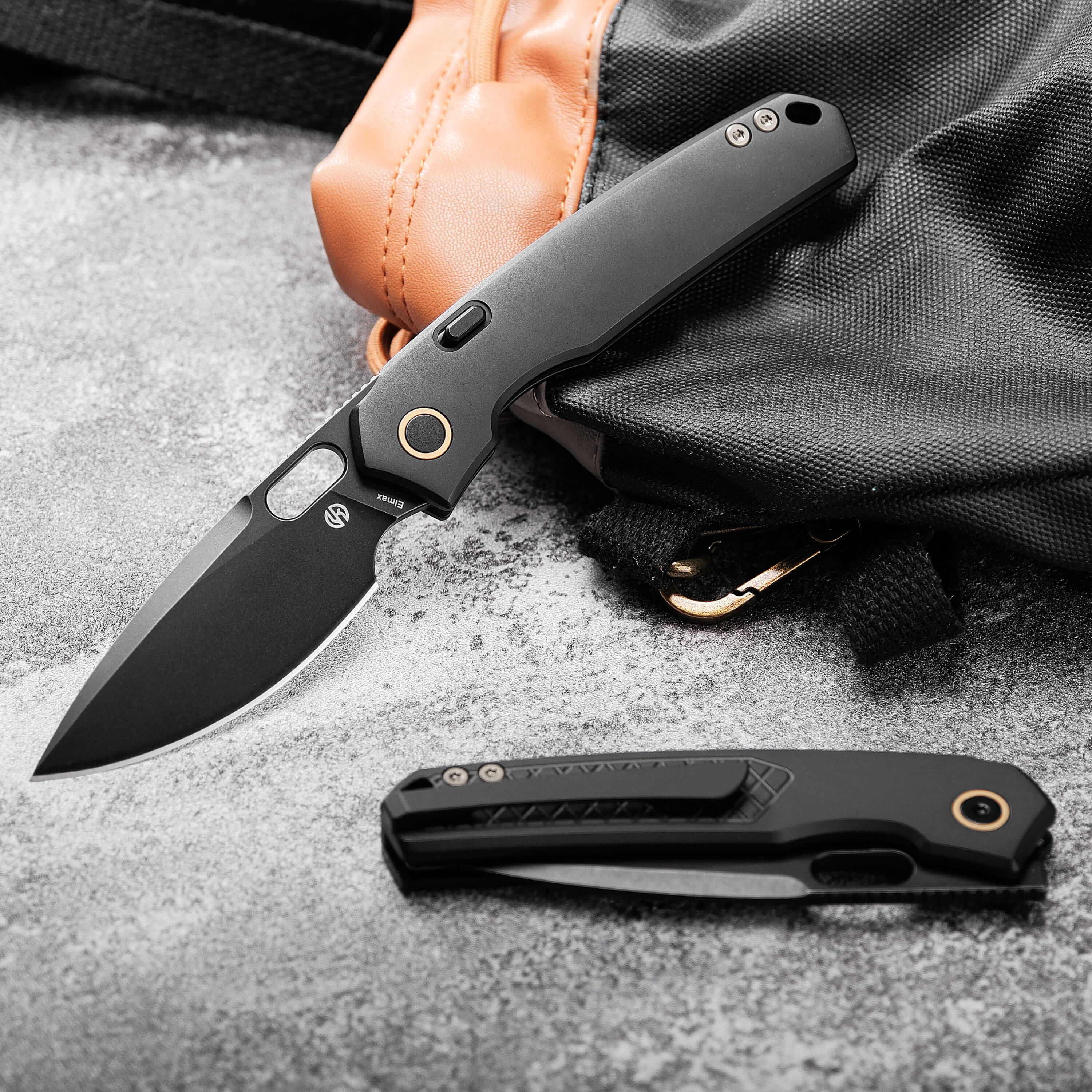 Vosteed Psyop Knife - Open and Closed, black Elmax blade