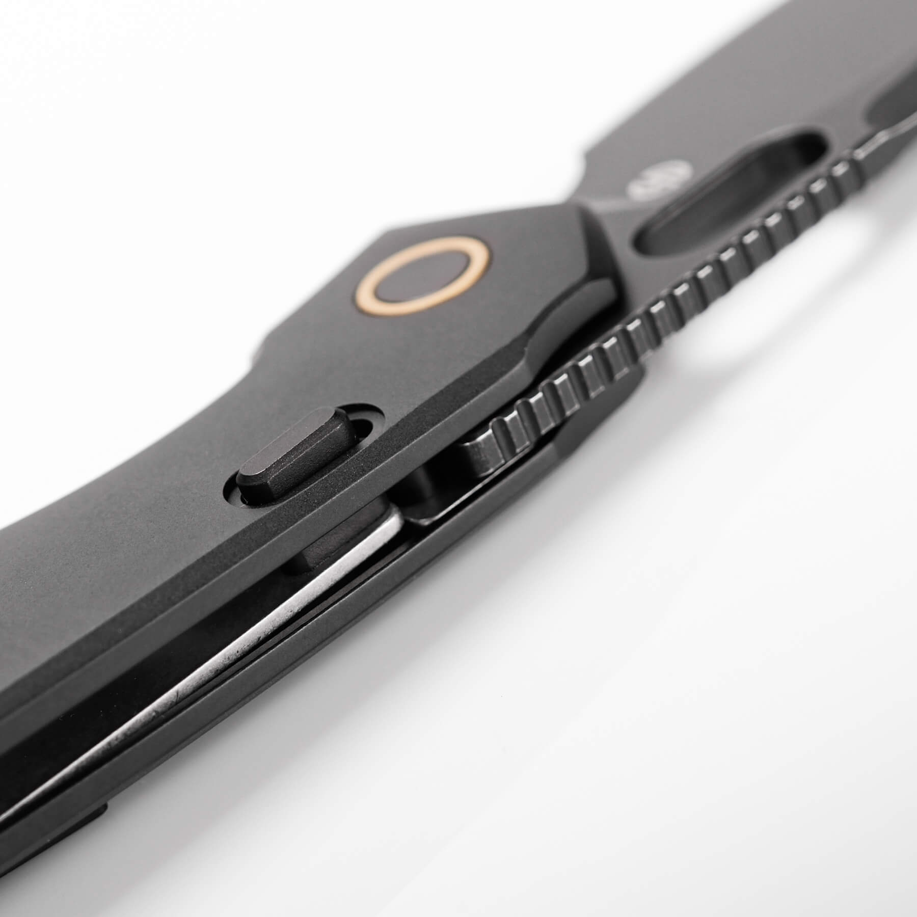 Vosteed Psyop knife close up, showing top liner lock and details