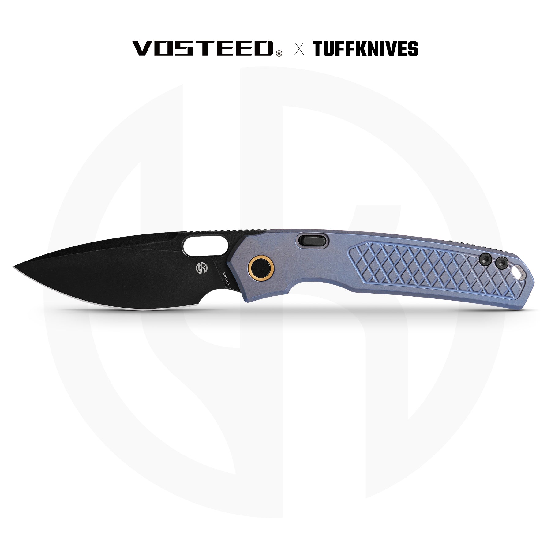 Vosteed Psyop knife with black Elmax blade and blue titanium handle